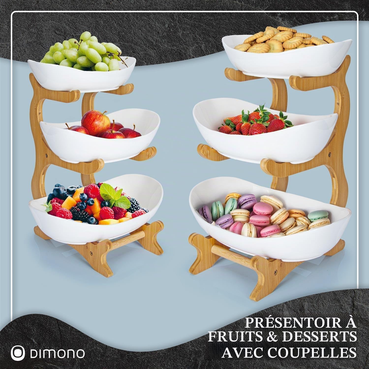 Dimono® Présentoir à Gâteaux 3 Étages - Coupes Céramique & Support Bambou | Étagère de service 3 niveaux | Plateaux ovales 28/23/21 cm | Desserts, fromages, fruits, apéritif