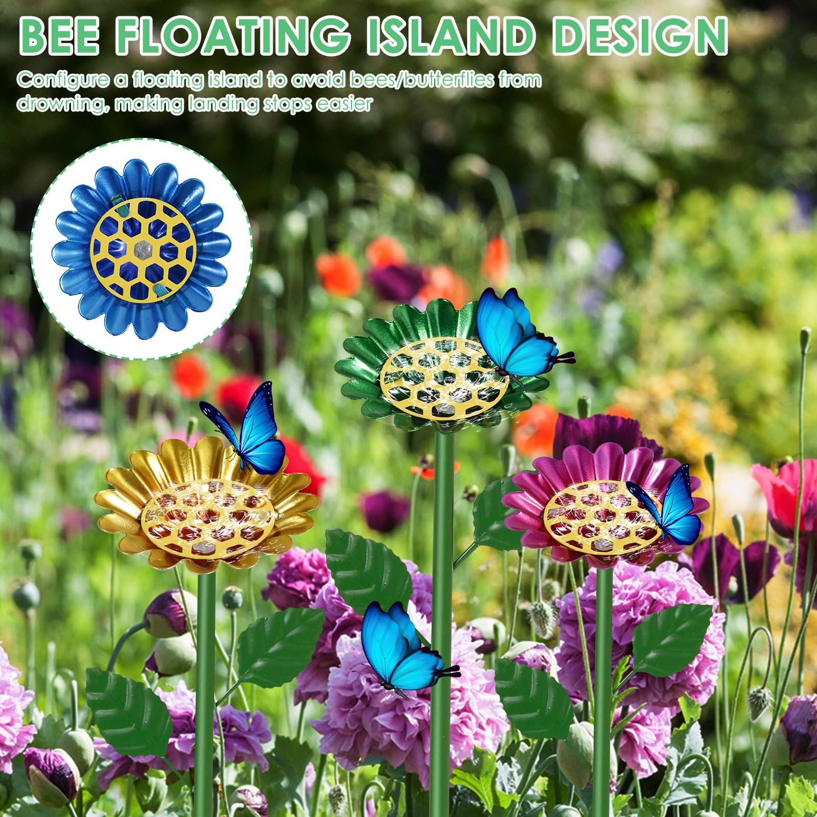 Lot de 4 abreuvoirs à insectes debout de 65 cm avec disques en nid d'abeille pour jardin, diamètre 8 cm, avec prise de terre en métal, abreuvoir d'abeilles, jardin, ferme, bain de papillons