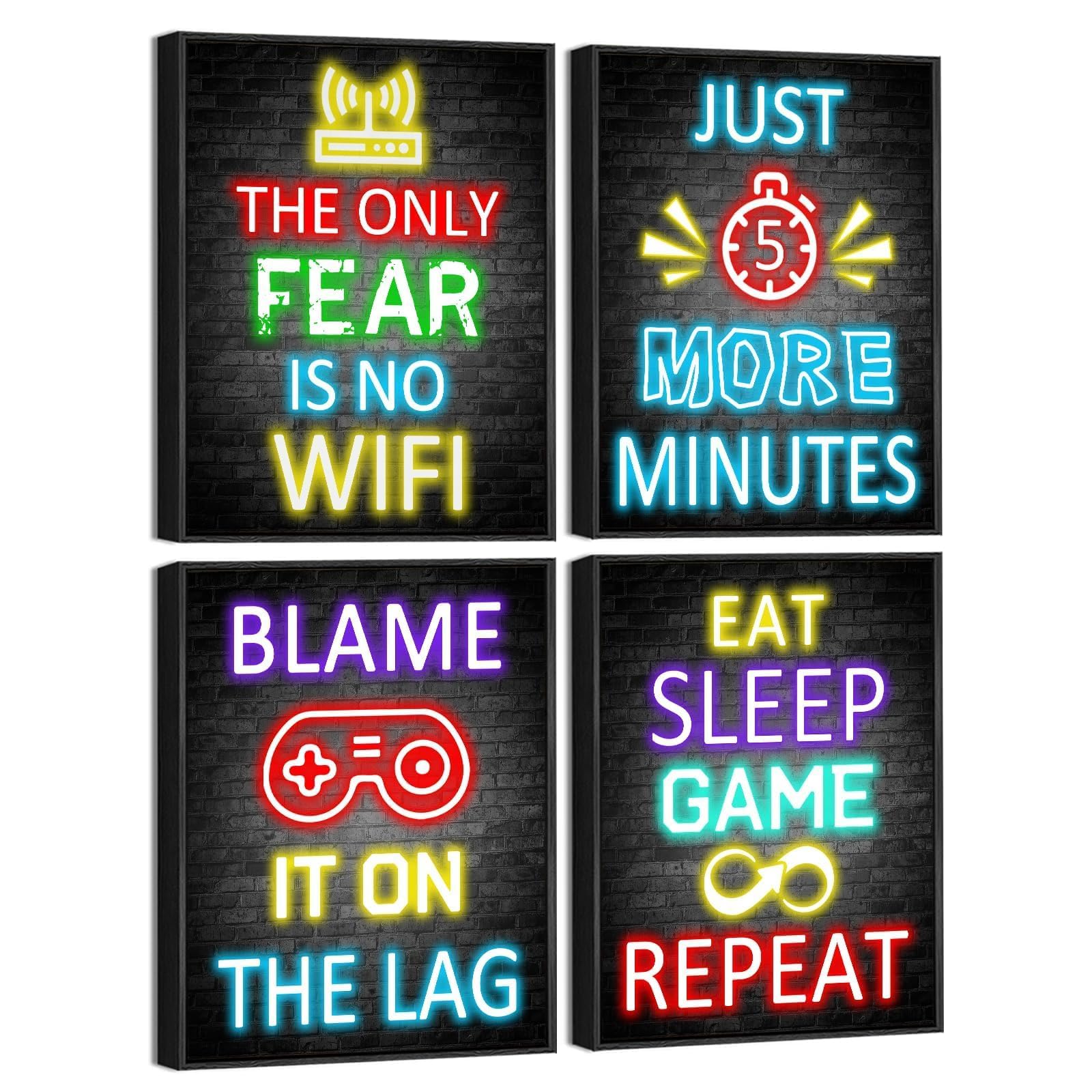 KUVIOKE Decorazione per la stanza dei videogiochi, per ragazzi e adolescenti, decorazione artistica da parete per videogiochi, insegna al neon pronta da appendere, set da 4, 20,3 x 25,4 cm (cornice
