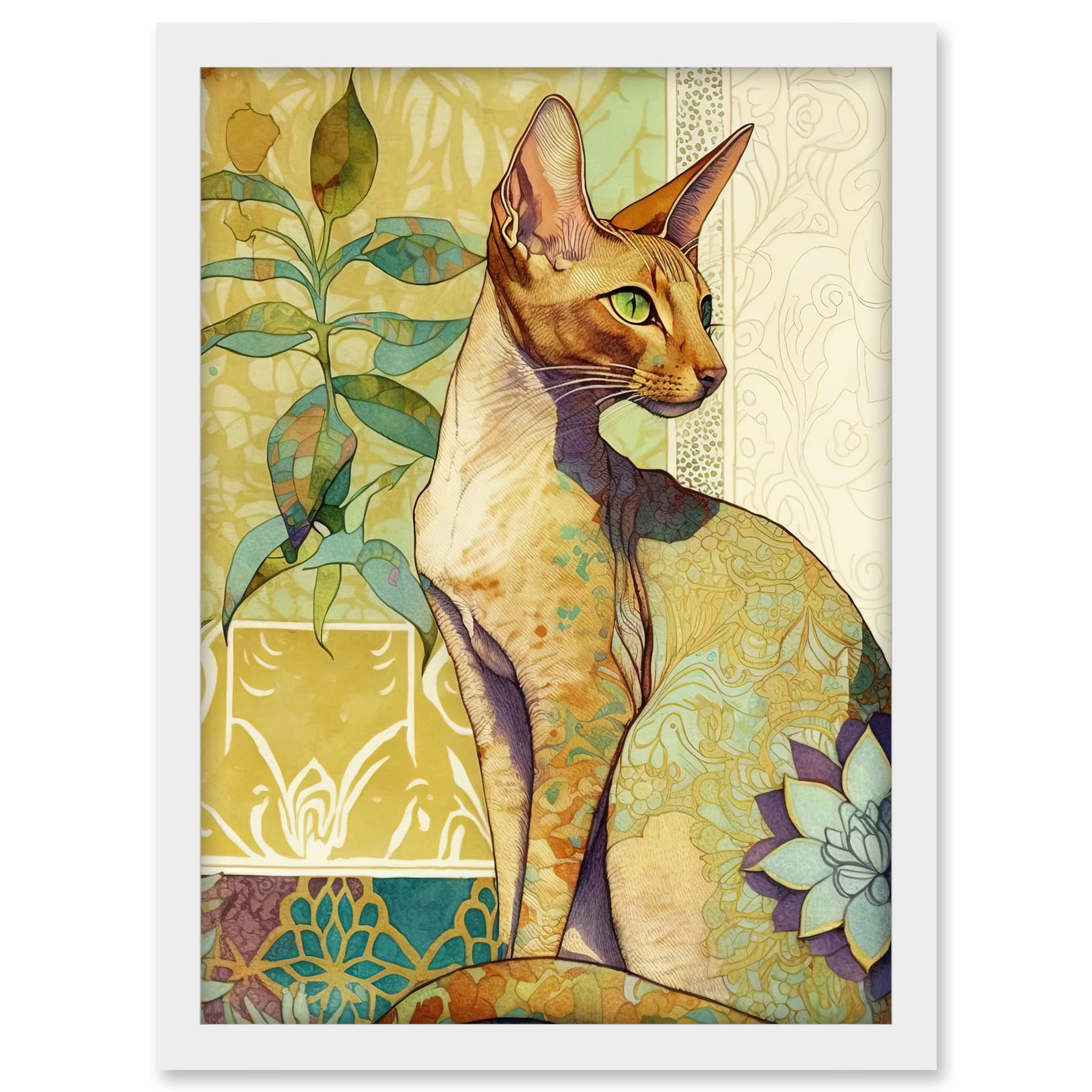 Artery8 Oriental Shorthair Cat with Art Nouveau Botanical Patterns Colourful Watercolour Illustration Artwork Framed A3 Wall Art Print
