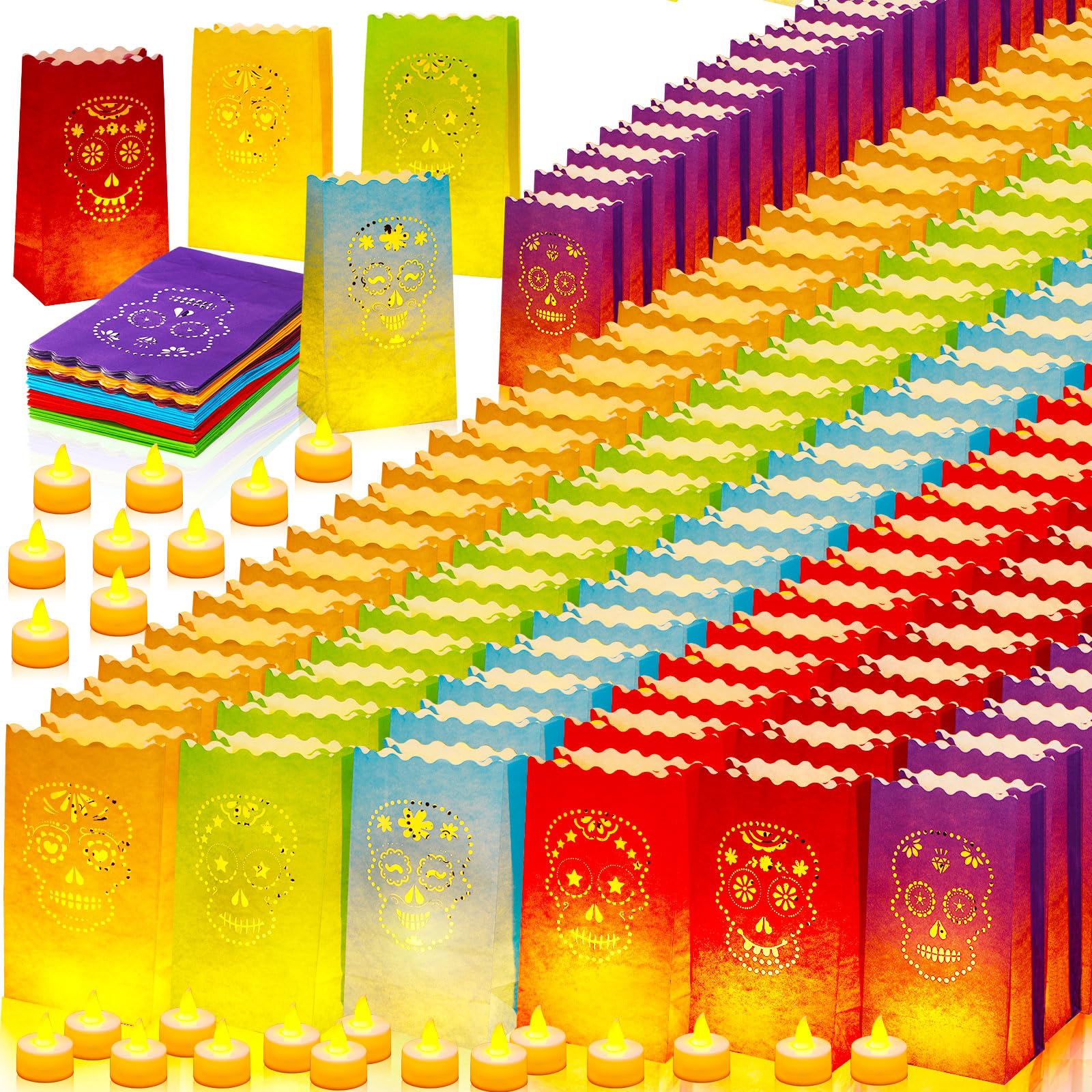 Retisee 120 Pcs Day of The Dead Luminary Bags and Battery Tea Lights Skull Include 60 Halloween Luminary Bags 60 LED Tea Lights LED Candle Lights Dia De Los Muertos Candle Luminary Bags Paper Bags