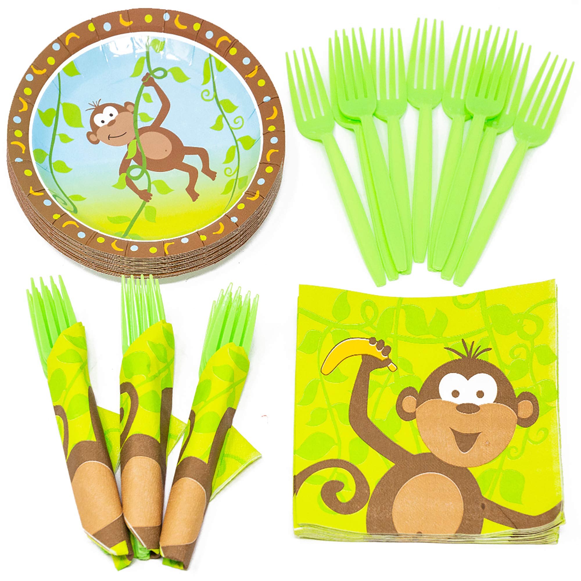 Monkey Value Party Supplies Pack (60 Pieces for 16 Guests) - Monkey Birthday Party Supplies, Jungle Monkey Party Decorations, Plates and Napkins, Banana Party, Monkey Themed Party, Blue Orchards