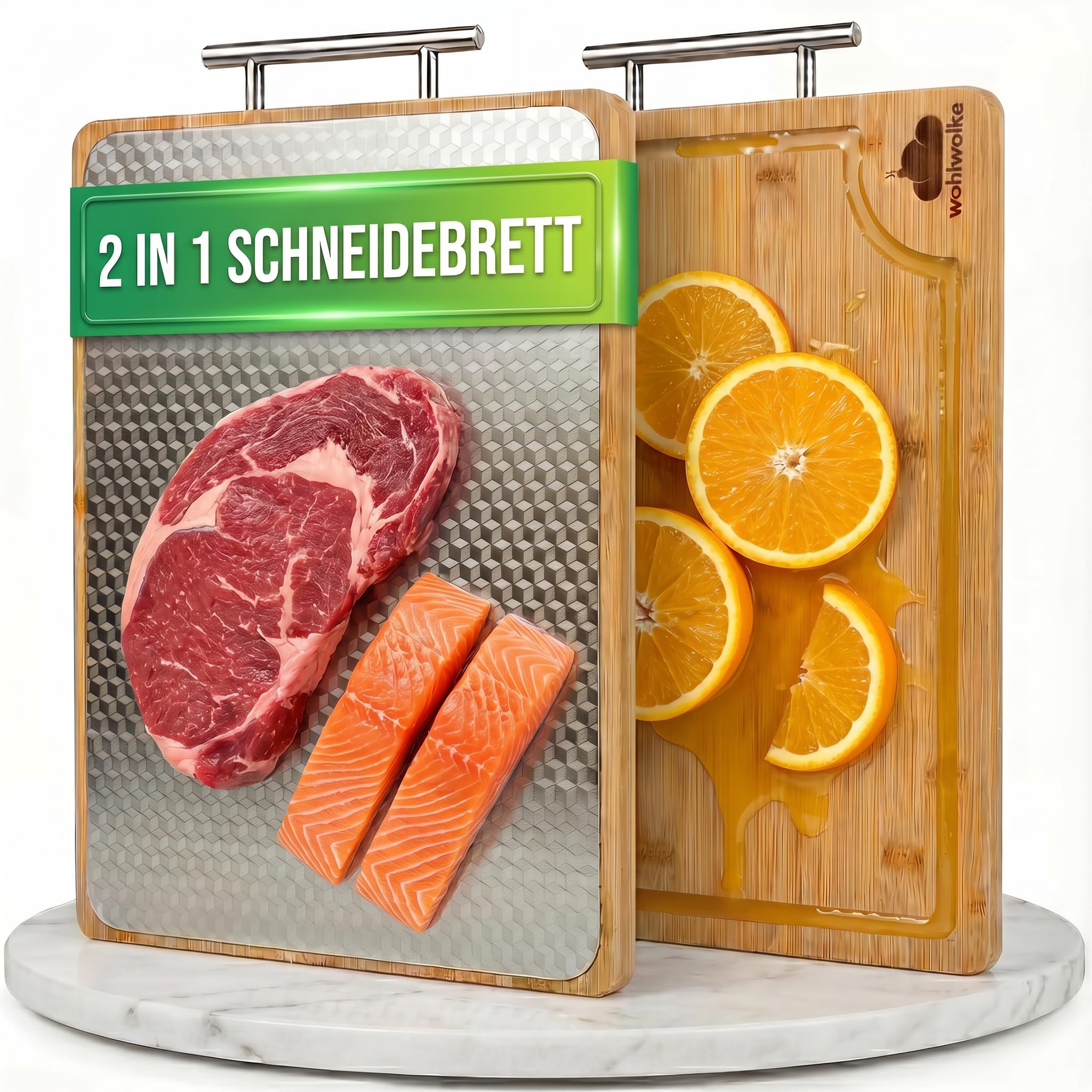 WOHLWOLKE Doppelseitiges Schneidebrett Edelstahl & Bambus | Küchenbrett mit Saftrille & Metallgriff | Holzbrett Küche antibakteriell | Bambus Schneidebrett groß | Tranchierbrett 40x30x2cm