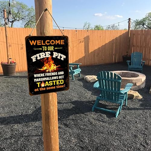 Vista 6 de ANJOOY Cartel de metal vintage divertido de lata de camping, bienvenido a nuestra hoguera, donde amigos y malvaviscos se tostan, porche al aire