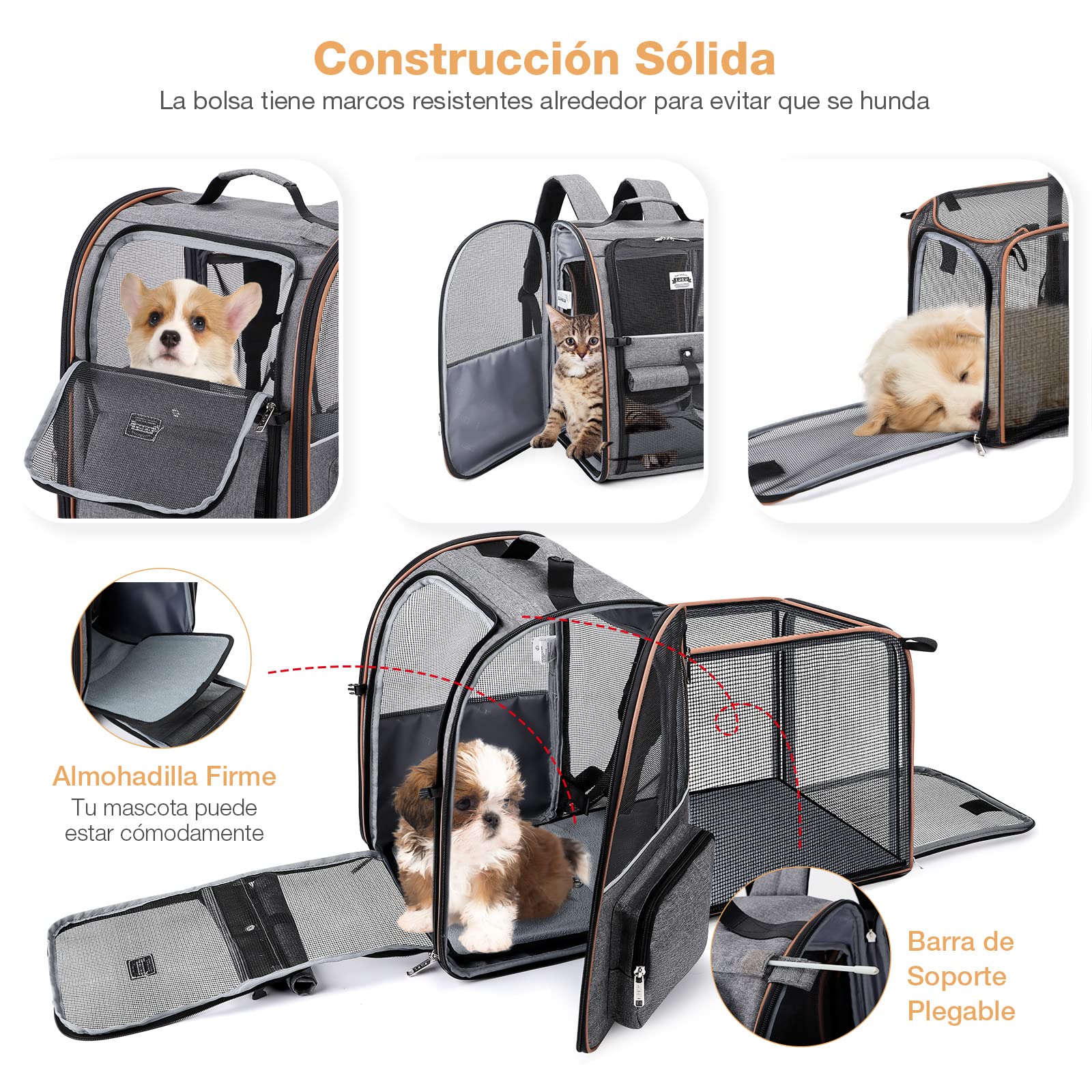 Transportin Gato Extensible con 4 Entradas | Mochila Transpirable - Transportin Perro Pequeño con Arnés Interno - Carga Máxima 8kg - Impermeable - Gris