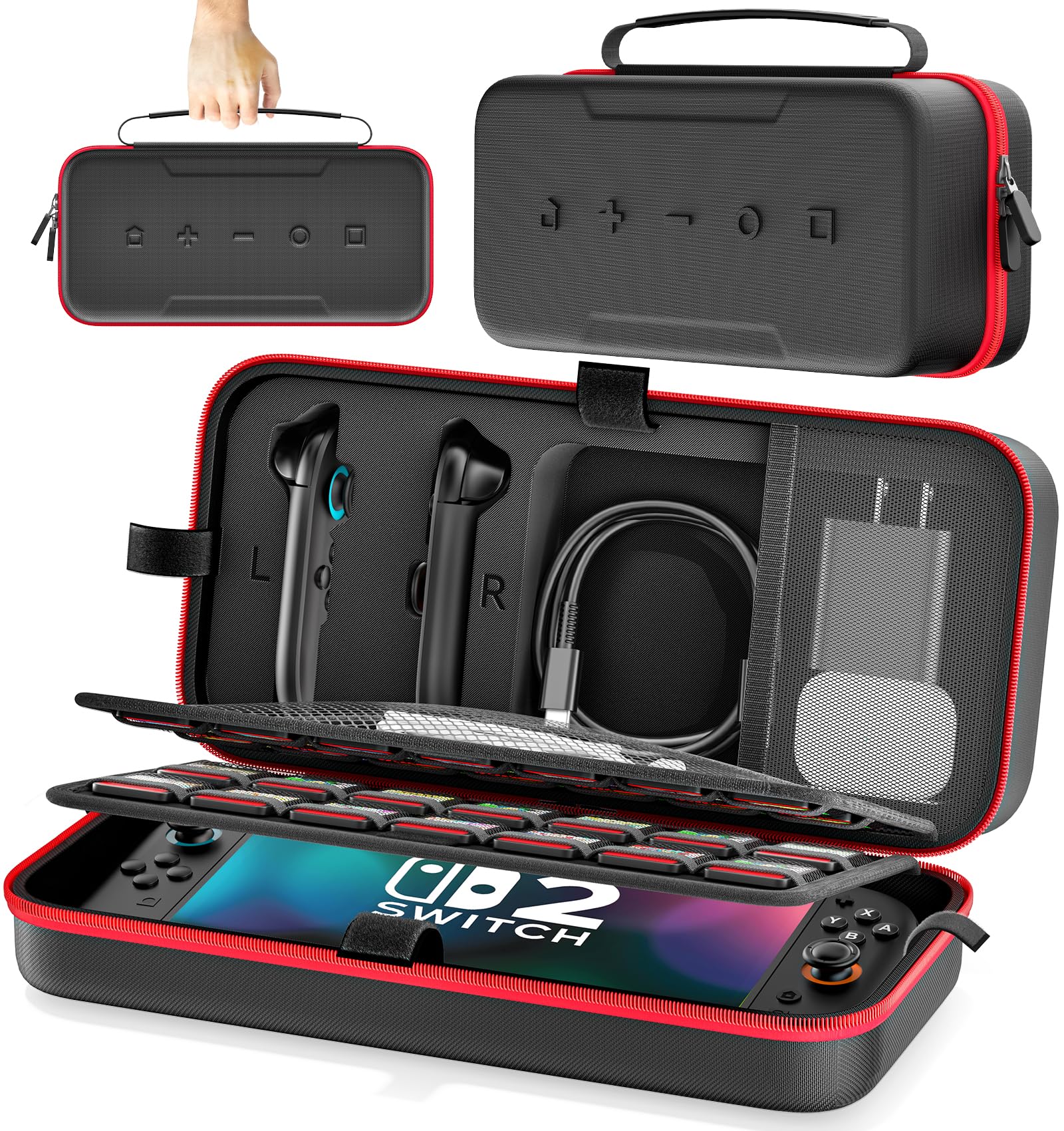 Switch 2 Case Fit for Joy-con 2 & Charger for 2025 Nintendo 2 & 2021 OLED & 2017 Original, Portable Travel Case with 28 Game Holders, Hard Shell Switch 2 Carrying Case for Nintendo Accessory Kits