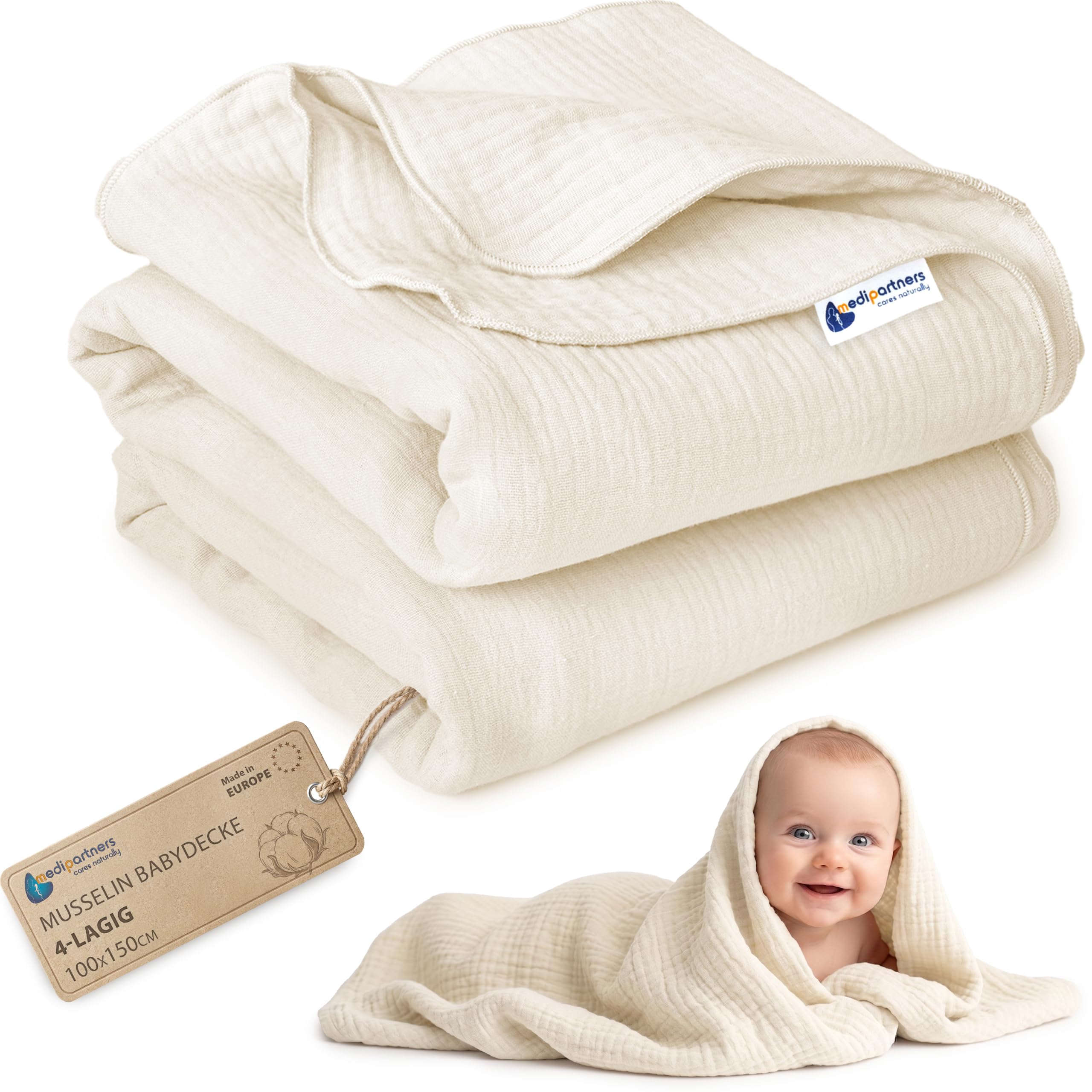 Medi Partners Muslin Baby Blanket 100 x 150 cm Baby Blanket Muslin Blanket Newborn - Thin Cuddly Blanket Summer Baby Blankets for Toddlers Crawling Blanket Children's Bed Pram (Beige)