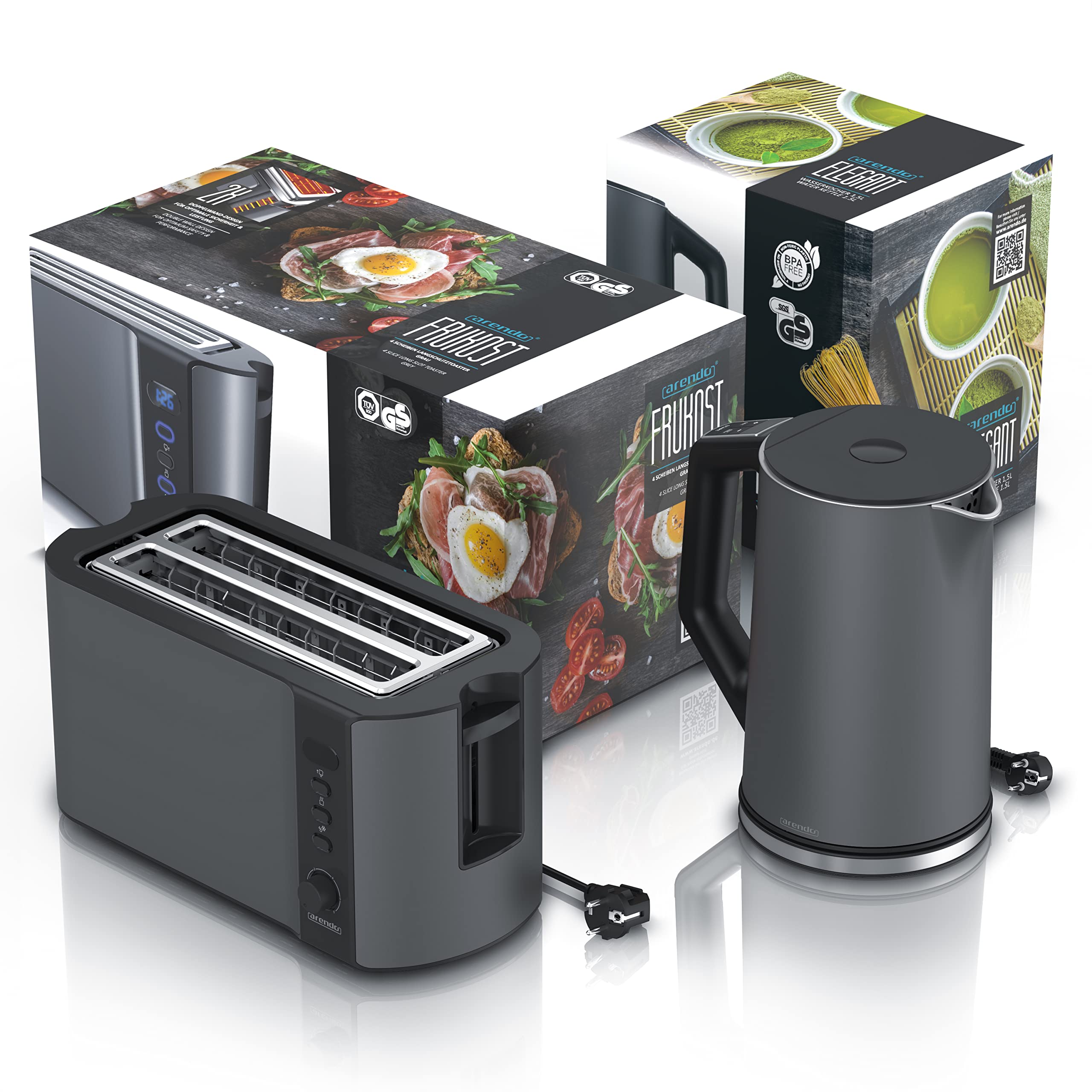 Arendo Wasserkocher Toaster SET Edelstahl Cool Grey 1,5L 40-100°C Warmhaltefunktion 4 Scheiben LED-Display 6 Bräunungsgrade Brötchenaufsatz