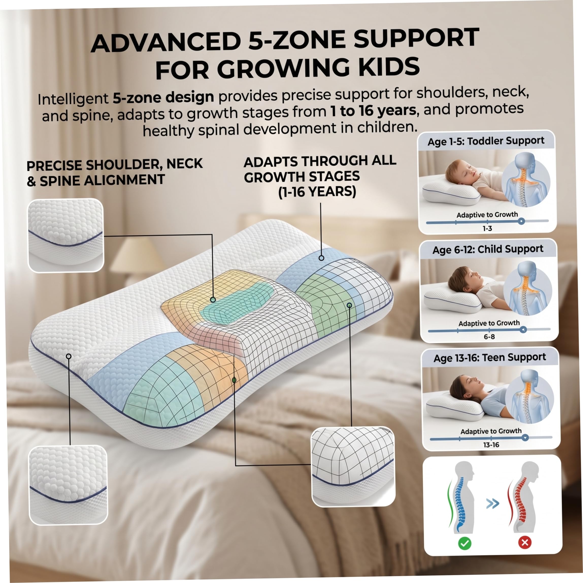 Almohada para niños de 2 a 16 años, Almohada para Dormir para niños, Soporte para Dormir cómodo y Transpirable para en Crecimiento, 6 cm de Altura