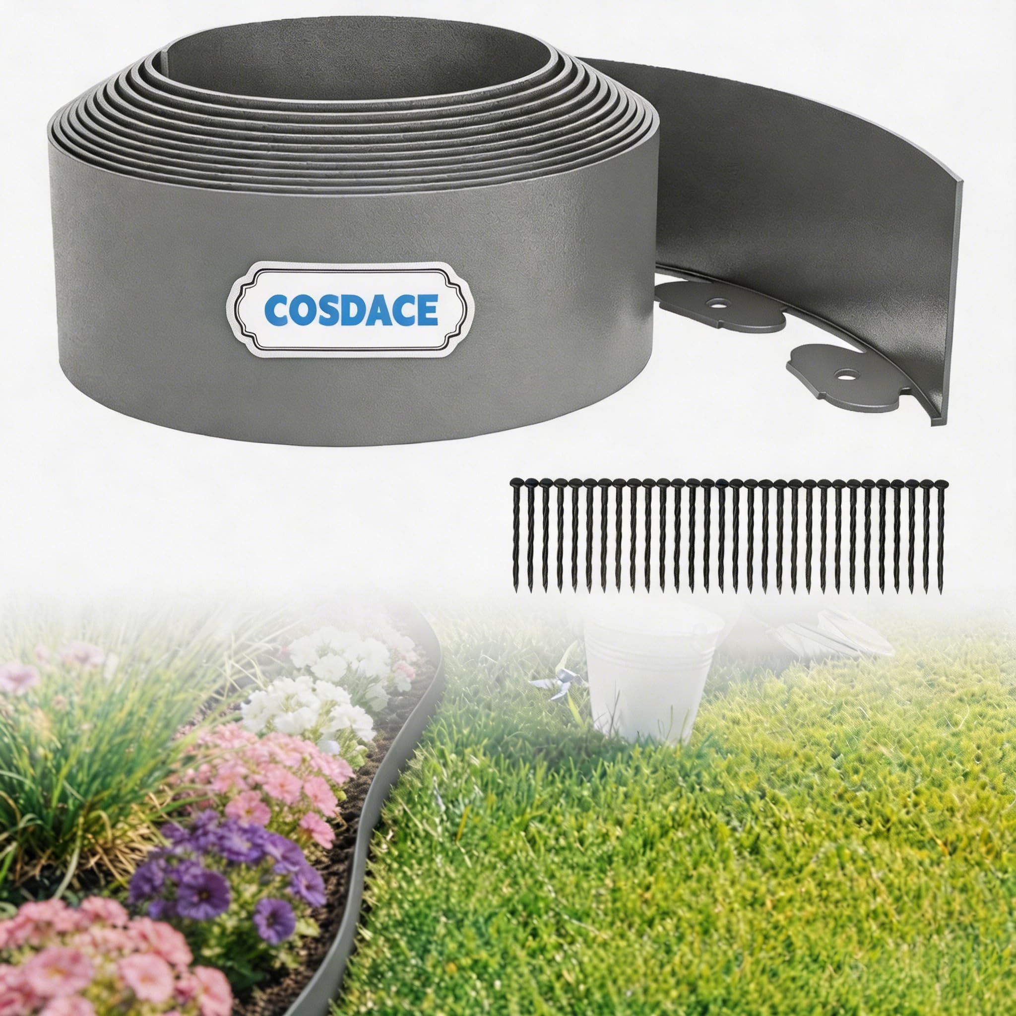 20M Garden Edging,Flexible Lawn Edging include 60 Spikes,【10CM Hight】Plastic Lawn Edging Landscape Edging Kit for Lawn,Garden,Yard (Grey)