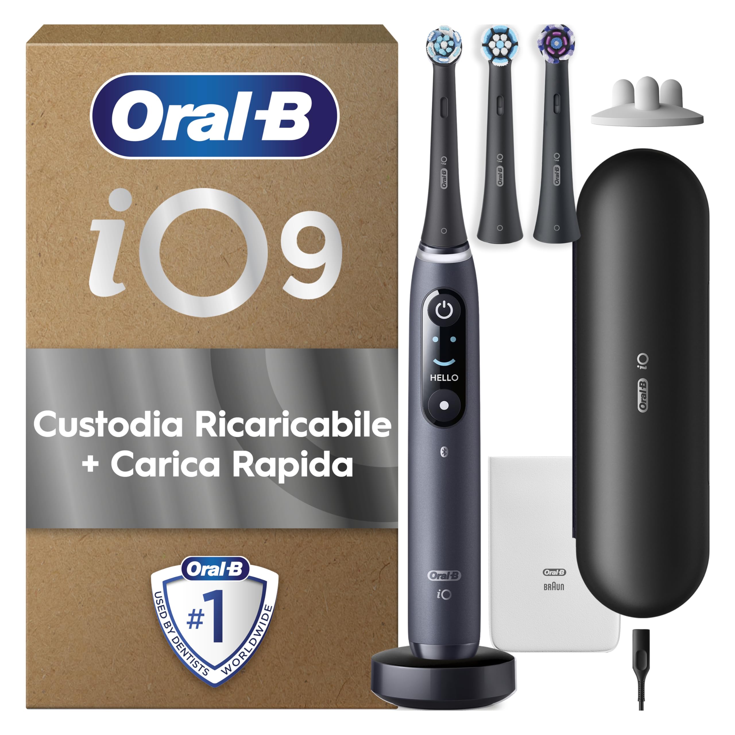 Oral-B Spazzolino Elettrico Ricaricabile iO 9 Nero, 1 Spazzolino Elettrico Oral B, 3 Testine Di Ricambio, Custodia Da Viaggio con caricatore, Pulizia Denti Efficace