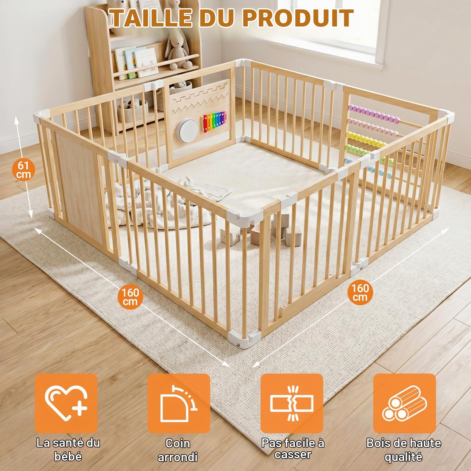 Parc Bébé Modulable en Bois 160 x 160 cm avec Porte | Parc pliable et réglable en taille et forme, aire de jeu stable pour la maison, idéale pour bébés et jeunes enfants