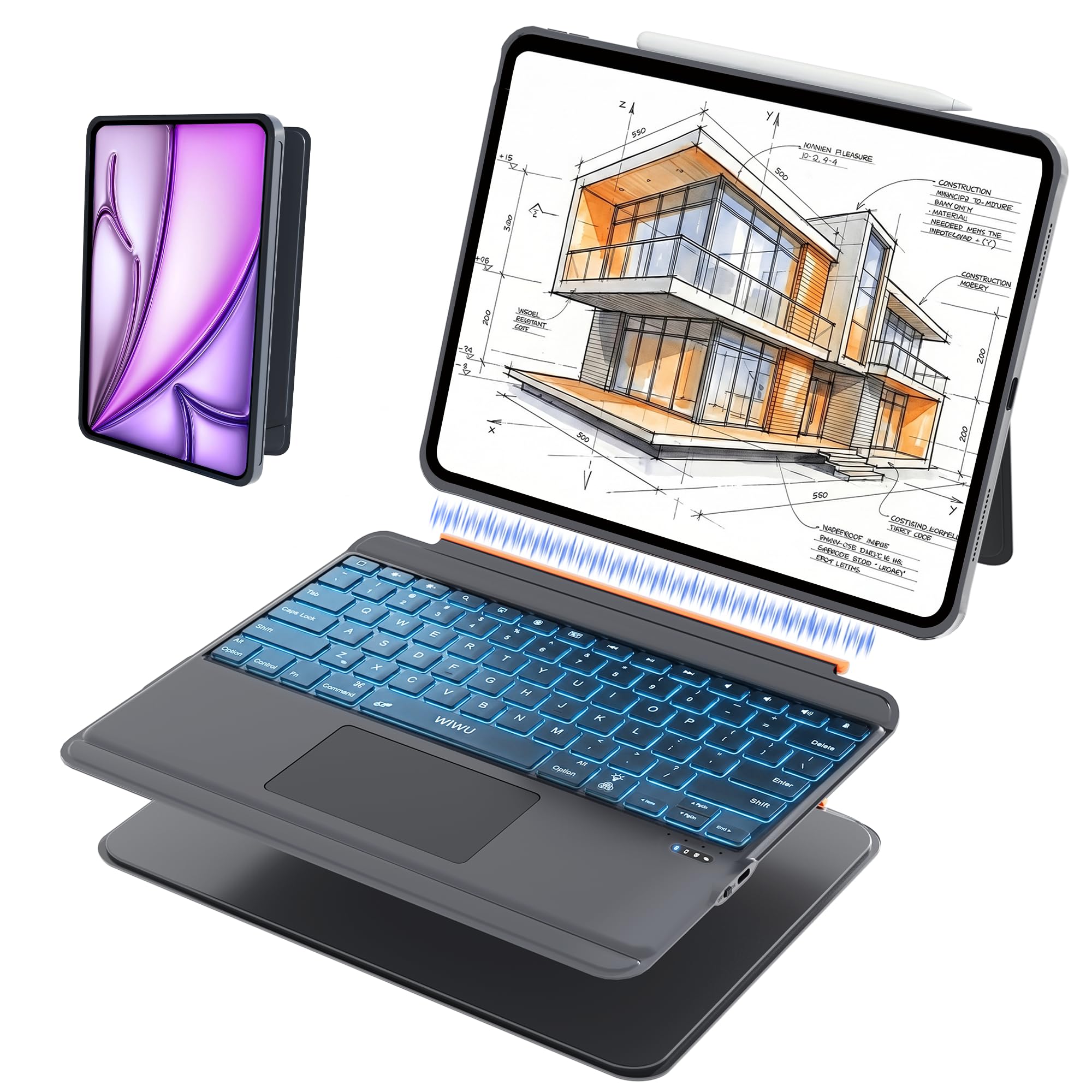 WIWU Keyboard Case for iPad Air 13 Inch M4/M3/M2 Pro 12.9 Magnetic Detachable Keyboard Case Adjustable Stand Colours Backlit Keys with Trackpad (Grey, for Air 13"(M3/M2) Pro 12.9" 6/5/4/3)