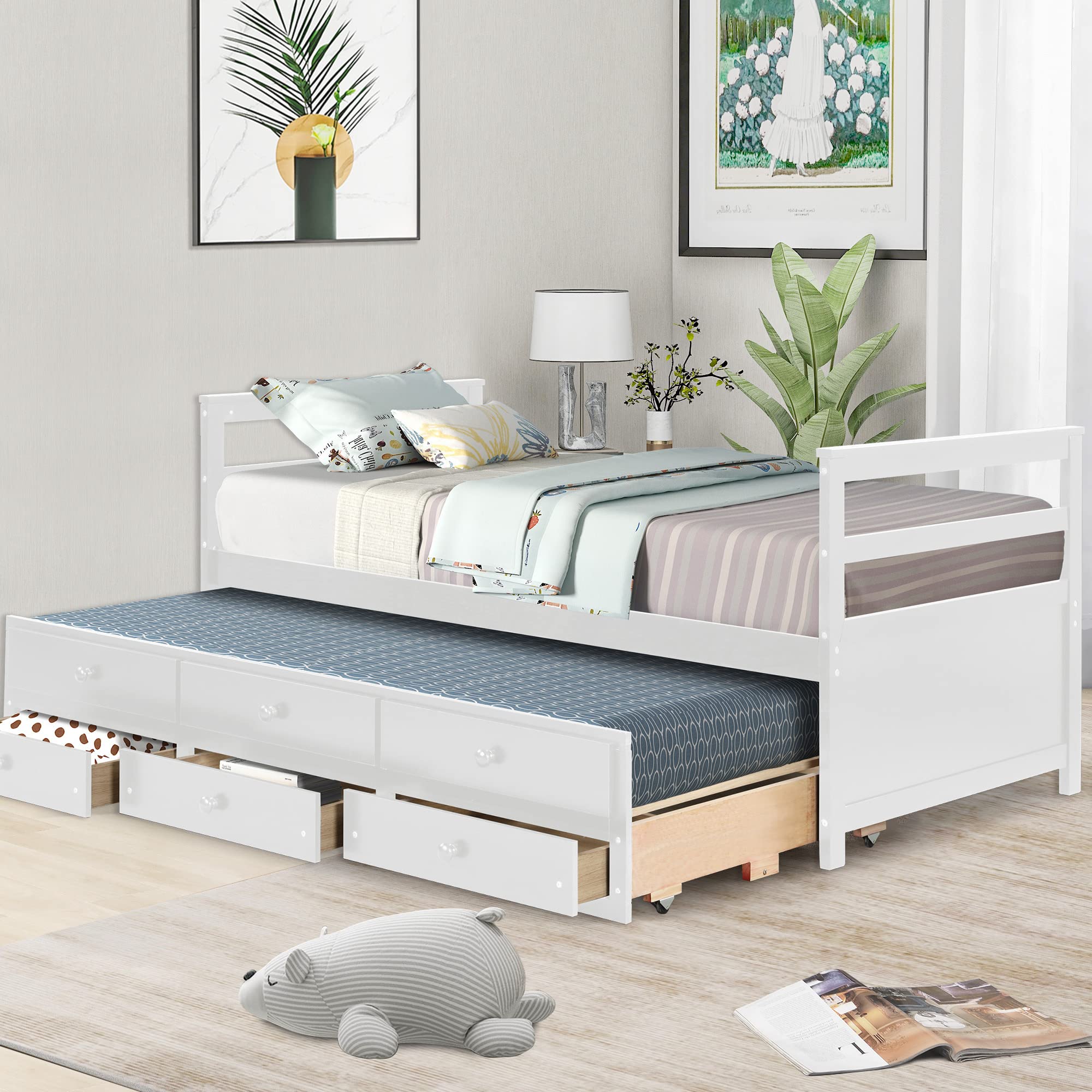Buy Twin Bed with Trundle and 3 Storage Drawers, Captain Bed Frame with