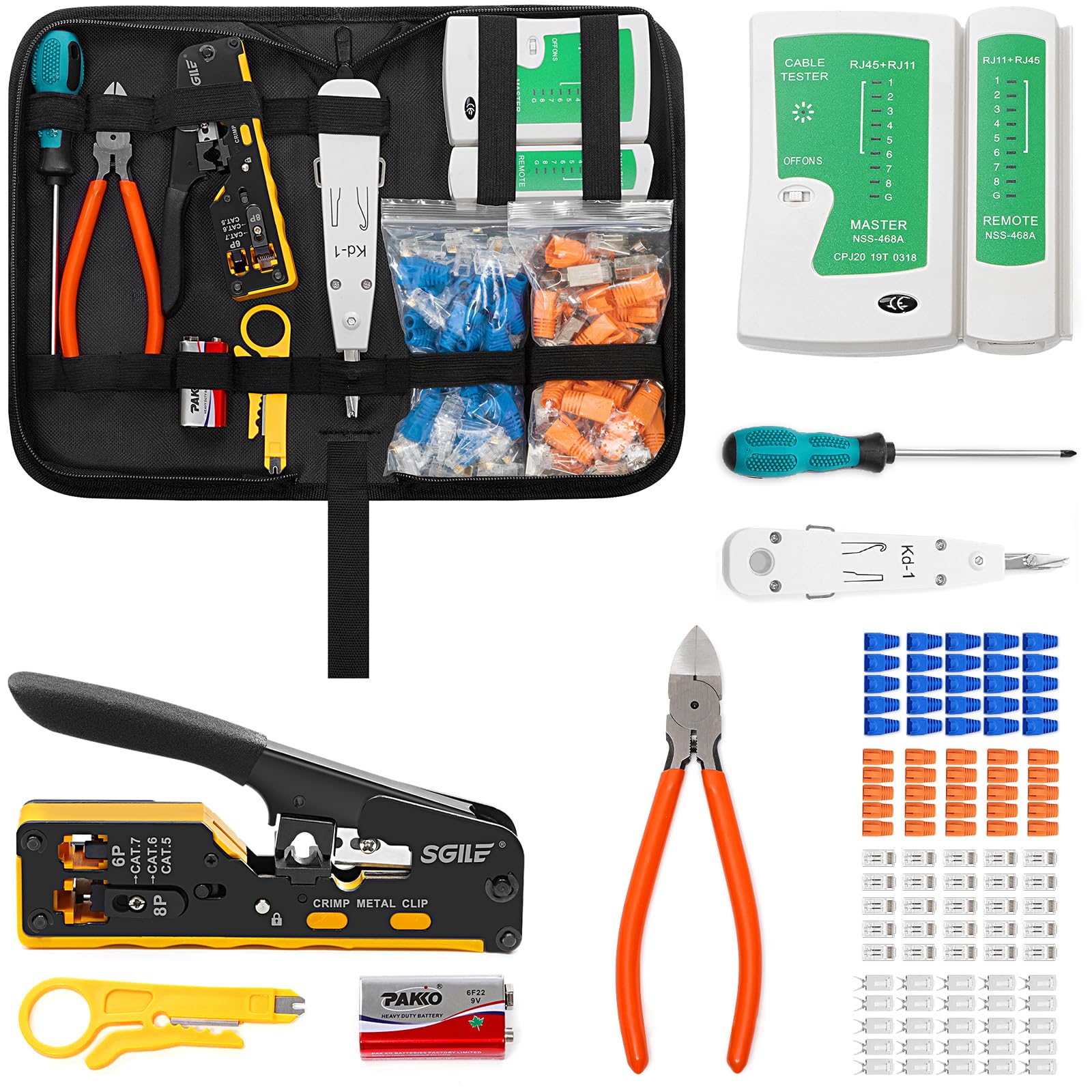 SGILE Network Tool Kit, RJ45/RJ11/RJ12 Crimping Tool for Cat5/Cat6/Cat7, with 25 Cat6 & 25 Cat7 Connectors, Cable Tester & Wire Stripper, Ethernet Repair Set