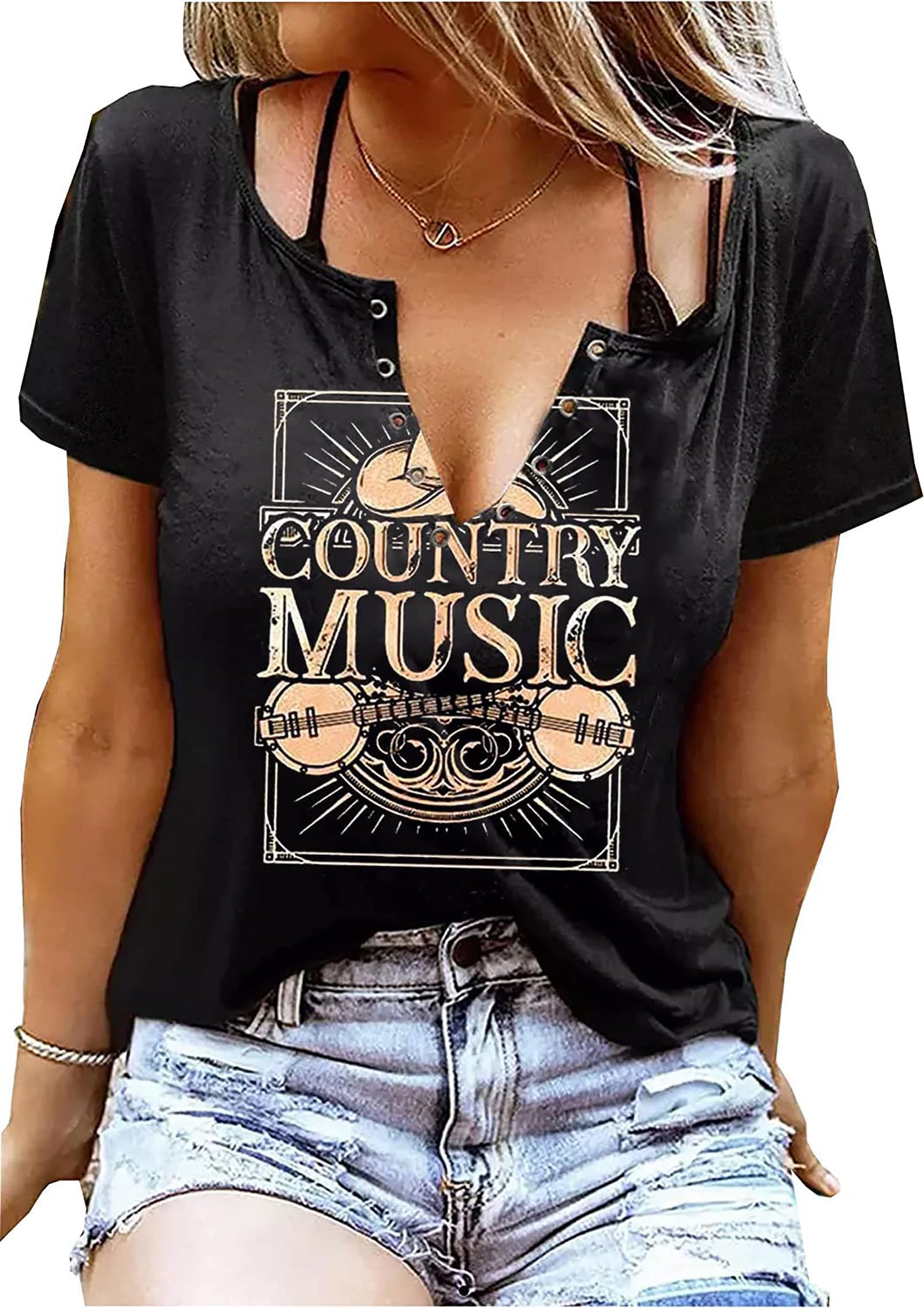 WUHRUKNOW Guitar Wings Tank Tops Women Hollow Out Country Music Tops Rock Concert Tees Rock and Roll Sleeveless T-Shirt