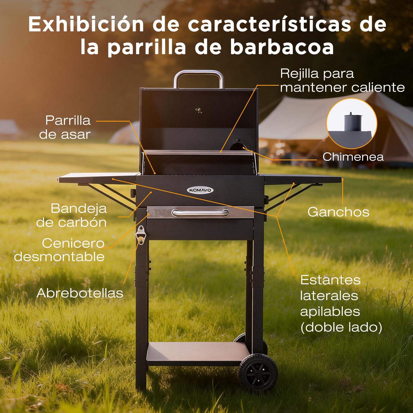 HOMAVO Barbacoa de Carbón, Parrilla con Tapa de Acero de 45×32 cm, Bandeja Ajustable en Altura, Mesa Lateral, Termómetro — view 10