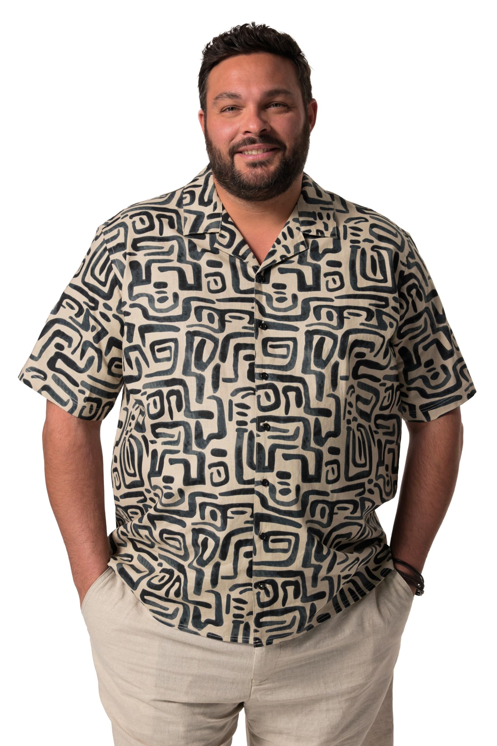Men Plus Herren große Größen Übergrößen Menswear L-8XL Leinenmix-Hemd, Halbarm, Cubakragen, Alloverdruck, Cuba Fit 837953
