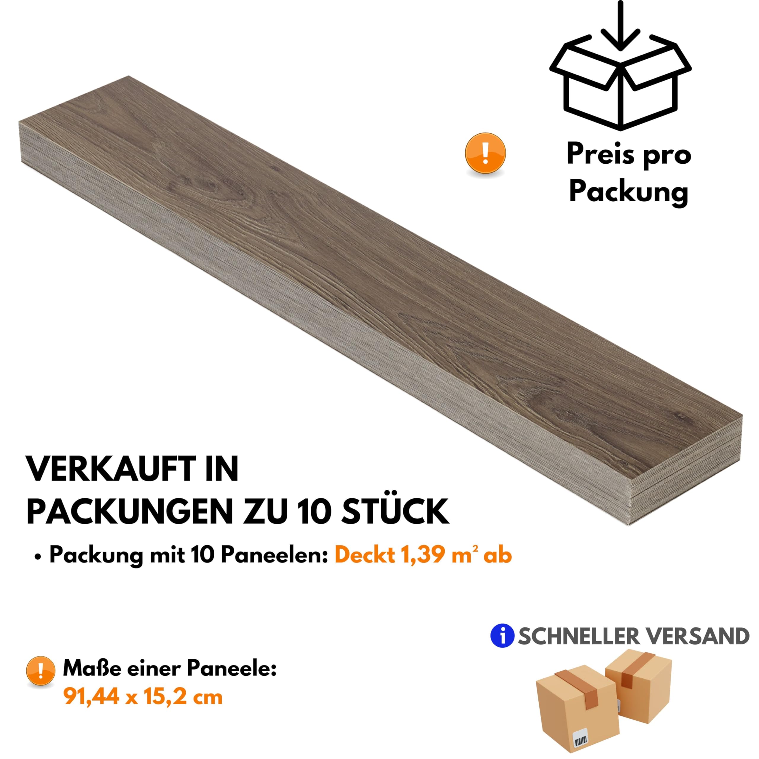 Vinylboden Selbstklebend – 10 Dielen Pack Bodenfliesen 1,39 m² Abdeckung, Braune PVC Bodenbelag Selbstklebend je Planke 91,4 × 15,2 cm – Braune Holzoptik mit Natural-Touch-Effekt