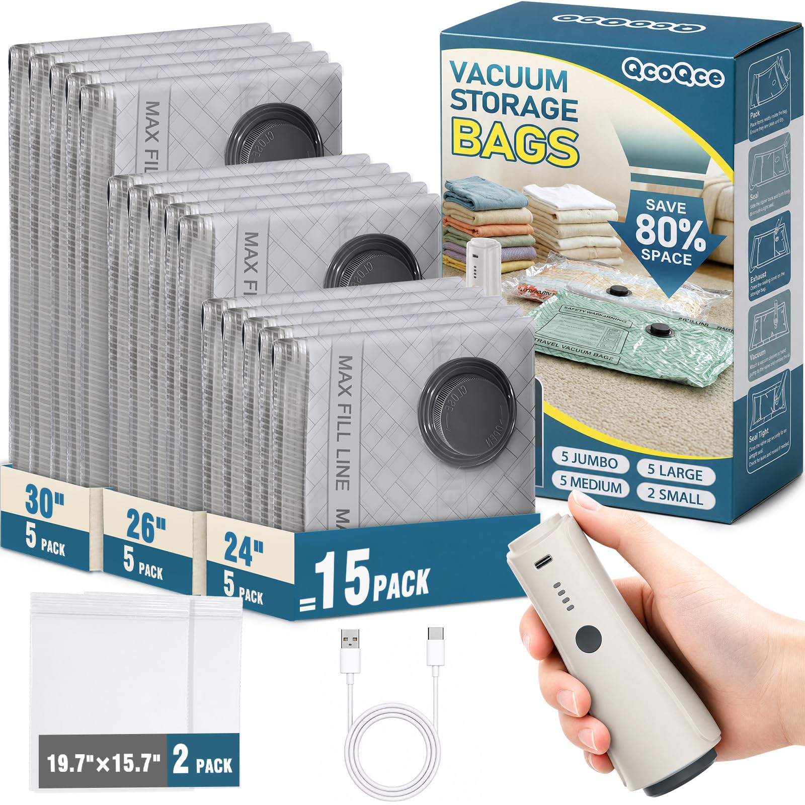 QcoQce Vacuum Storage Bags with Wireless Rechargeable Electric Pump, Space Saver Bags for Home and Travel, Vacuum Seal Bags for Clothing, Bedding, Seasonal Storage, Packing Bags for Moving (17 Pack)