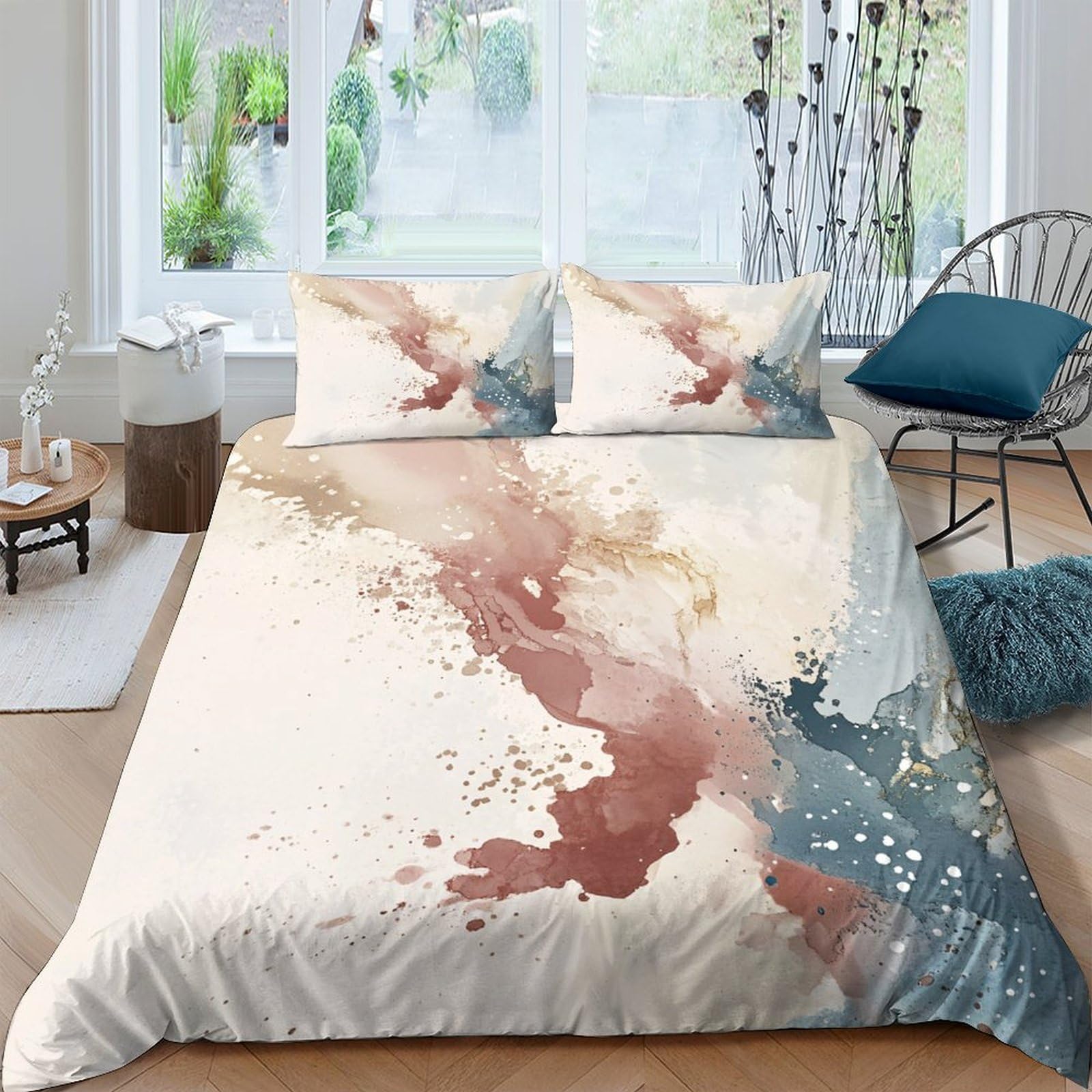 GPLZQXKJNH 3D Printed Abstract Watercolor Duvet Cover Set Microfiber Soft Breathable Modern Splash Bedding Set with 2 Pillowcases for Bedroom Decor Single（135x200cm）