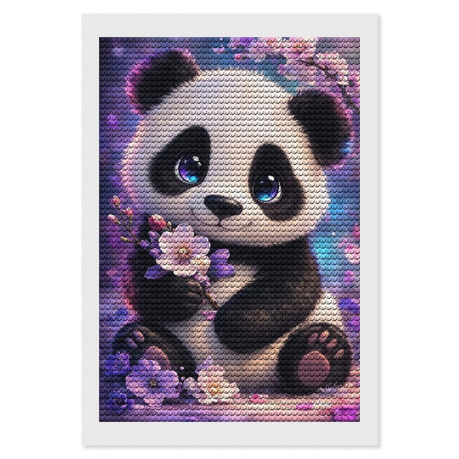 Junmoney Cute Panda with Flowers Diamond Art Canvas 8"x12", for Teens, Nice Detail and Sparkle, Farmhouse Decor, Festive Craft Gift, Easy to Enjoy