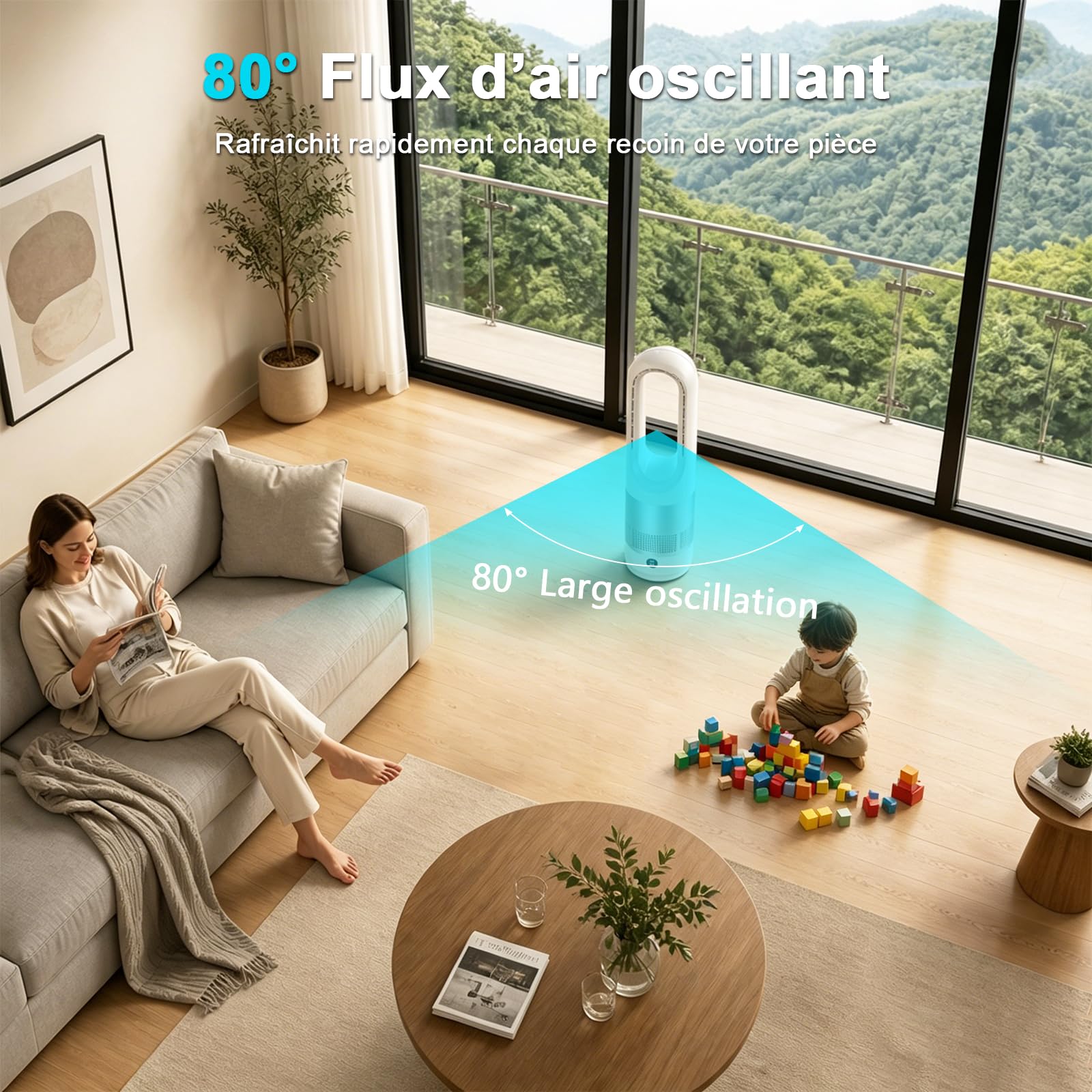 Ventilateur sans Pale Silencieux,Ventilateur Colonne avec Télécommande,Oscillation 80°,Enfants/Animaux,8 Vitesses, Minuterie 8H, Facile à Nettoyer, pour Chambre et Salon