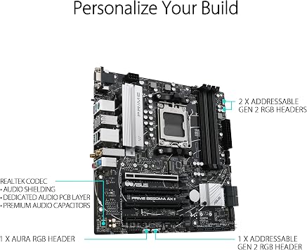 ASUS Prime B650M-A AX II AMD B650 AM5 RyzenTM Desktop 9000 8000 & 7000 Micro-ATX mATX Motherboard, DDR5, PCIe 5.0 M.2, 2.5Gb LAN, Wi-Fi 6, DisplayPort, HDMI, USB 3.2, USB 3.2 Type-C, BIOS FlashbackTM