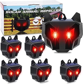 Phosooy Solar Animal Repellent, Predator Eyes Animal Deterrent Sentinels with Red LED Blinking Lights Drive Away Raccoon, Deer, Skunk, Cat, Coyote from Yard Farm and Chicken Coops (6 Pack)