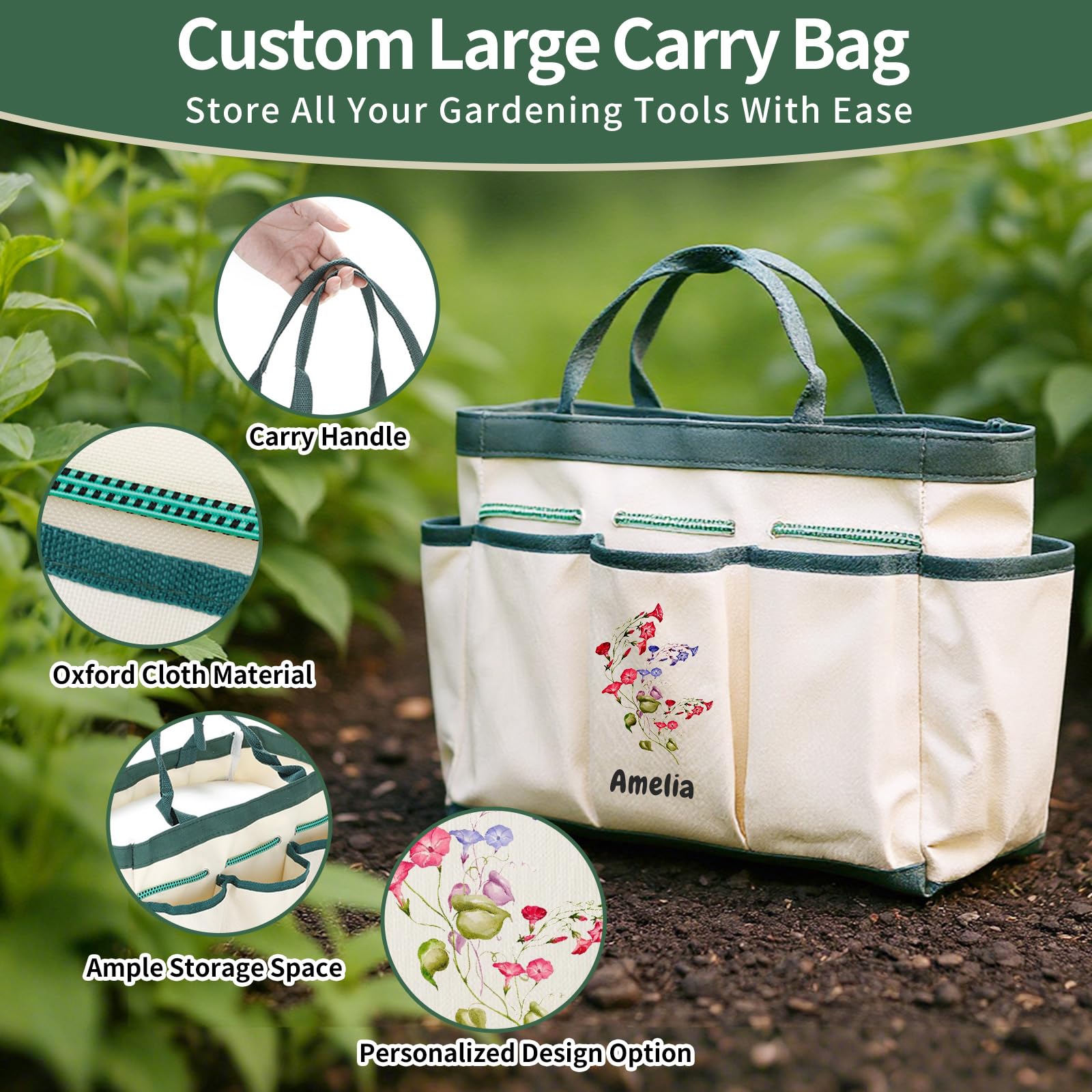 Set di Attrezzi da Giardinaggio Personalizzati, Kit di Forniture da Giardinaggio, Regali da Giardinaggio per Donne, Borsa Organizzatore per Attrezzi da Giardino con Fiore di Nascita e Nome