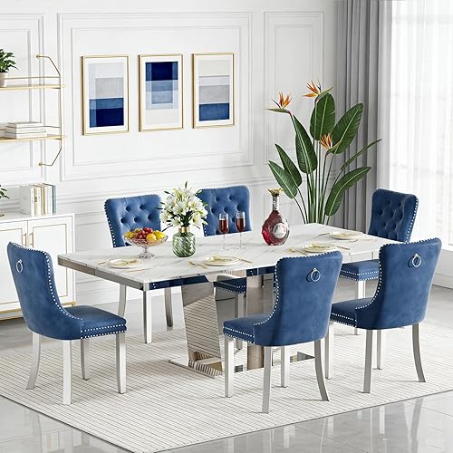 Miniatura 39 de SSLine Juego de mesas de comedor extensibles de 94.5 pulgadas para 6 personas, juego de mesa de comedor de 7 piezas, modernas mesas de cocina Blanco