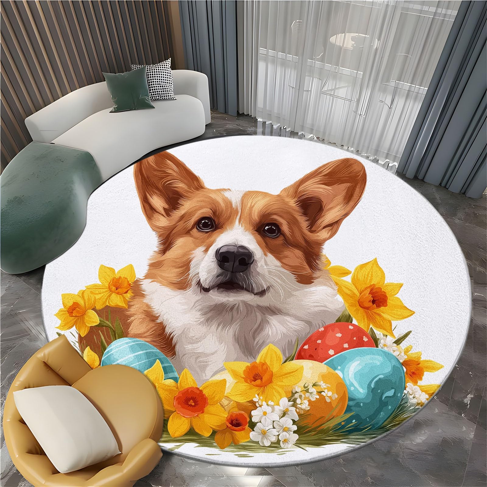 Dywan do salonu okrągły Corgi Akwarela Pisanki Kwiaty 160 cm Okrągłe dywaniki do salonu, biały zmywalny dywan do wnętrz miękki - do sypialni, kuchni, stołu w jadalni