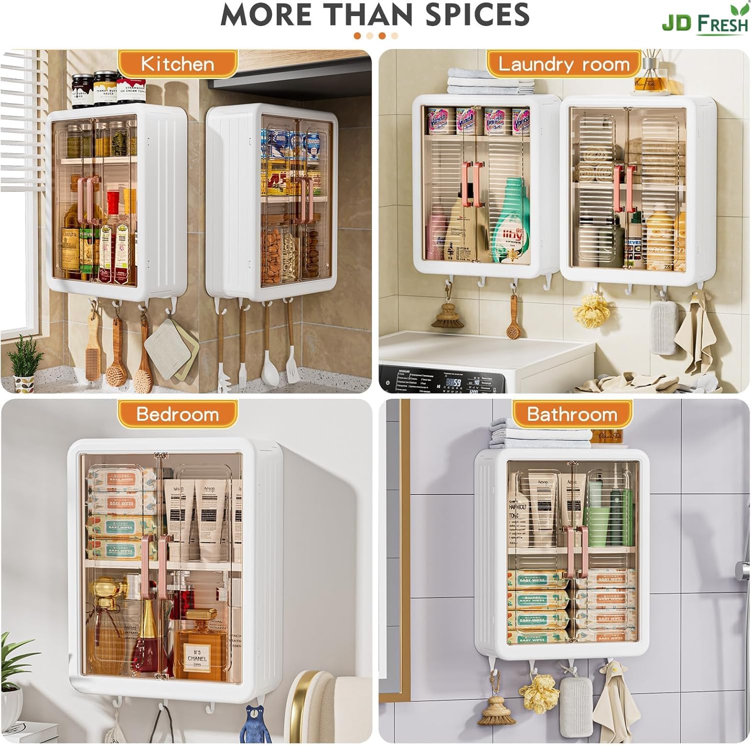 JD FRESH Wall Mounted Plastic Storage Rack for Kitchen/Multipurpose Organizer with Doors and Shelves/Durable/Space Saving Storage Box for Kitchen/Spice Rack/Cabinet Organizer (2 Pc, White) - Image 6 thumbnail