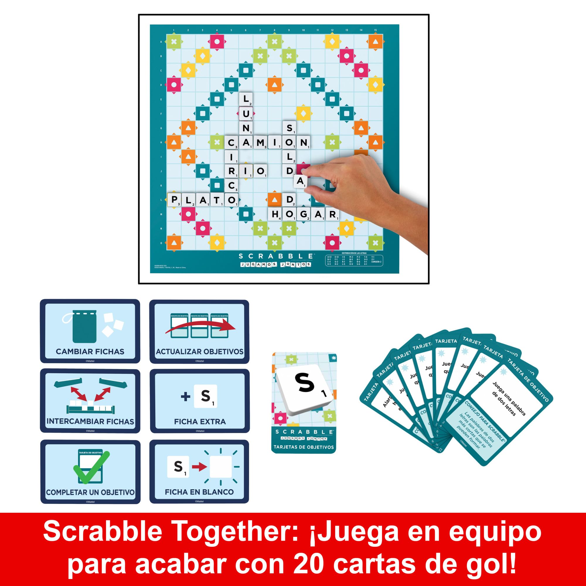 Mattel Games Scrabble 2 Juegos en 1 , juego de mesa familiar, palabras cruzadas, incluye tablero con 2 caras, 50 tarjetas con objetivos , 2-4 jugadores , +10 años, versión español (HXV99) — view 6