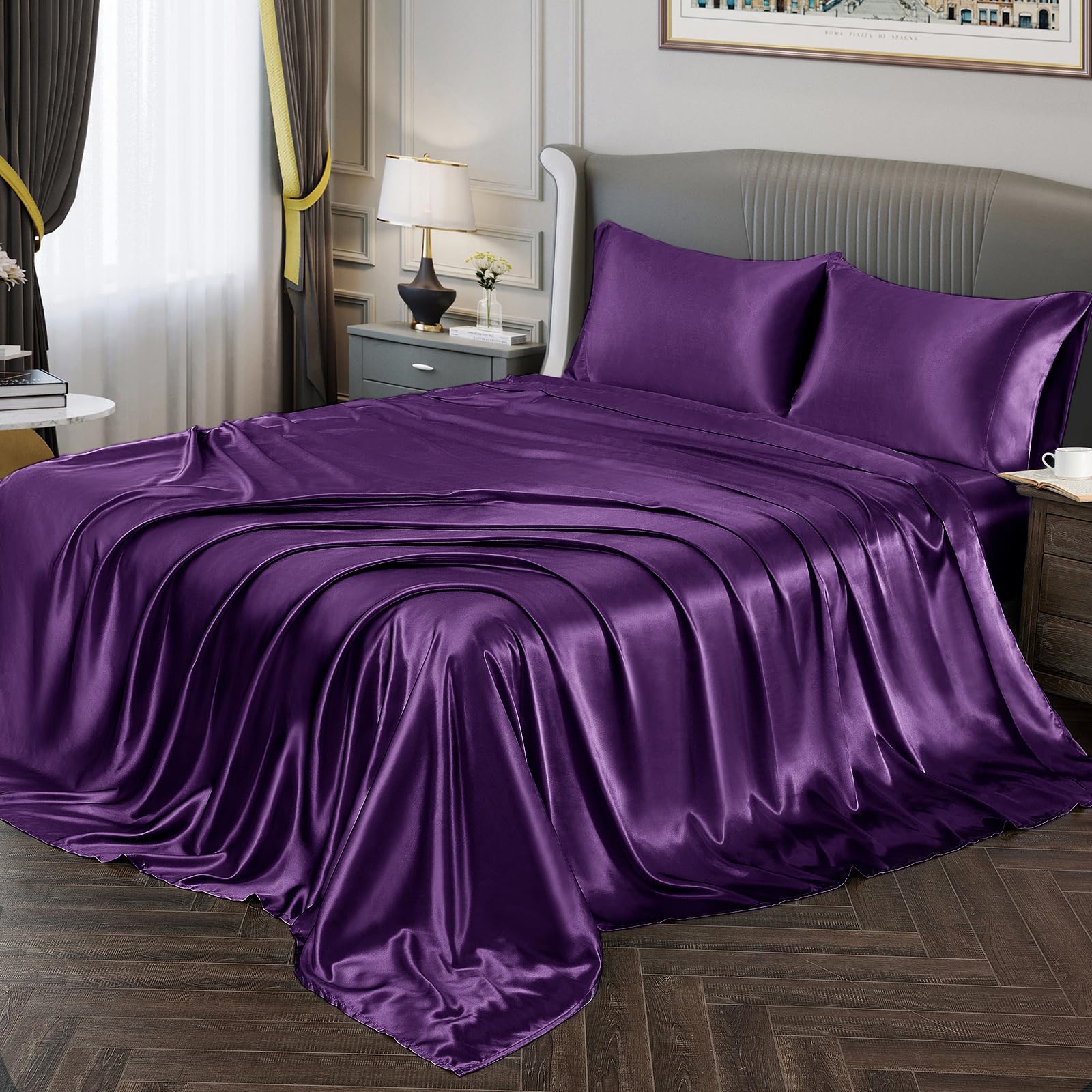 Vonty Satin Sheets Queen Size Silky Soft Satin Bedding Bed Sheets Dark Purple Satin Sheet Set, 1 Deep Pocket Fitted Sheet + 1 Flat Sheet + 2 Pillowcases โ image 1