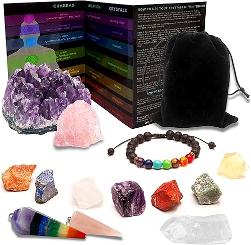 Otiem Juego de cristales curativos con caja, juego de piedras curativas y cristales, cristales crudos y piedras curativas con 3 cristales de chakra,