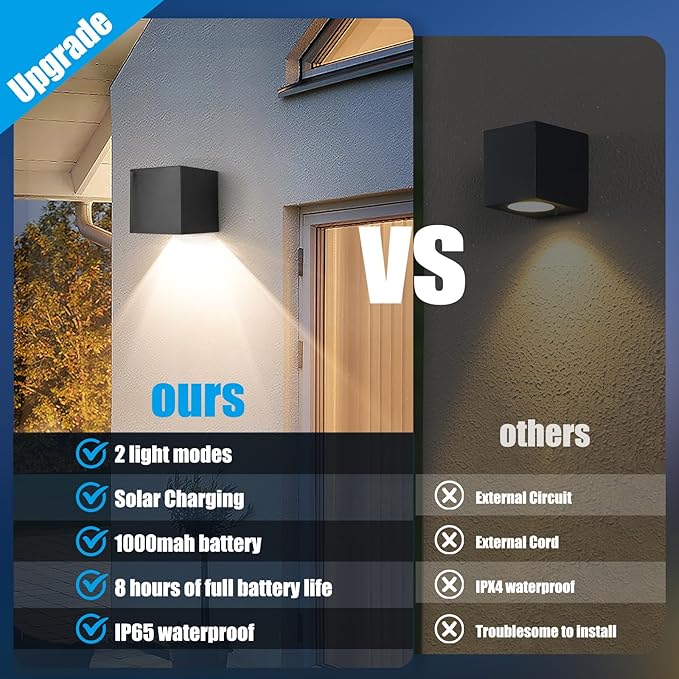 YUNYODA Wandlamp op zonne-energie, voor buiten, 2 stuks lampen op zonne-energie voor buiten, tuin, met 2 verlichtingsmodi, IP65 waterdichte wandlamp, verlichting op zonne-energie, omheining, licht photo 3