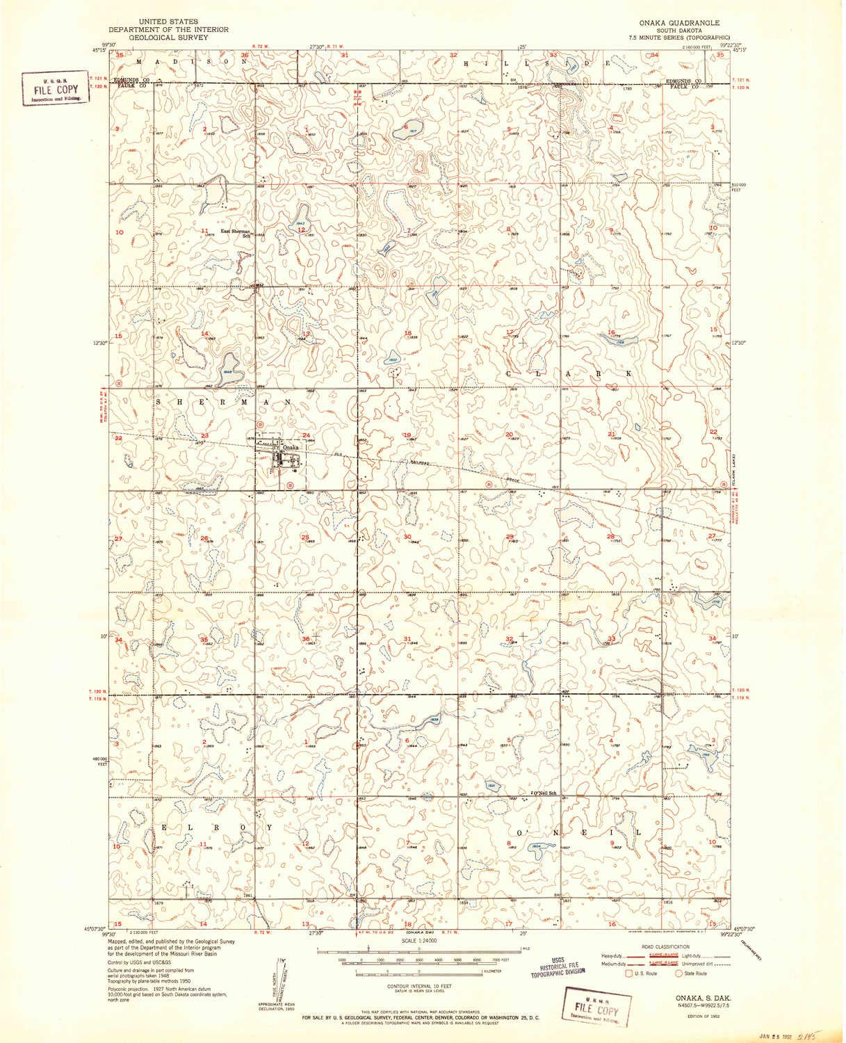 Onaka SD topo map, 1:24000 Scale, 7.5 X 7.5 Minute, Historical, 1952, 27 x 21.9 in