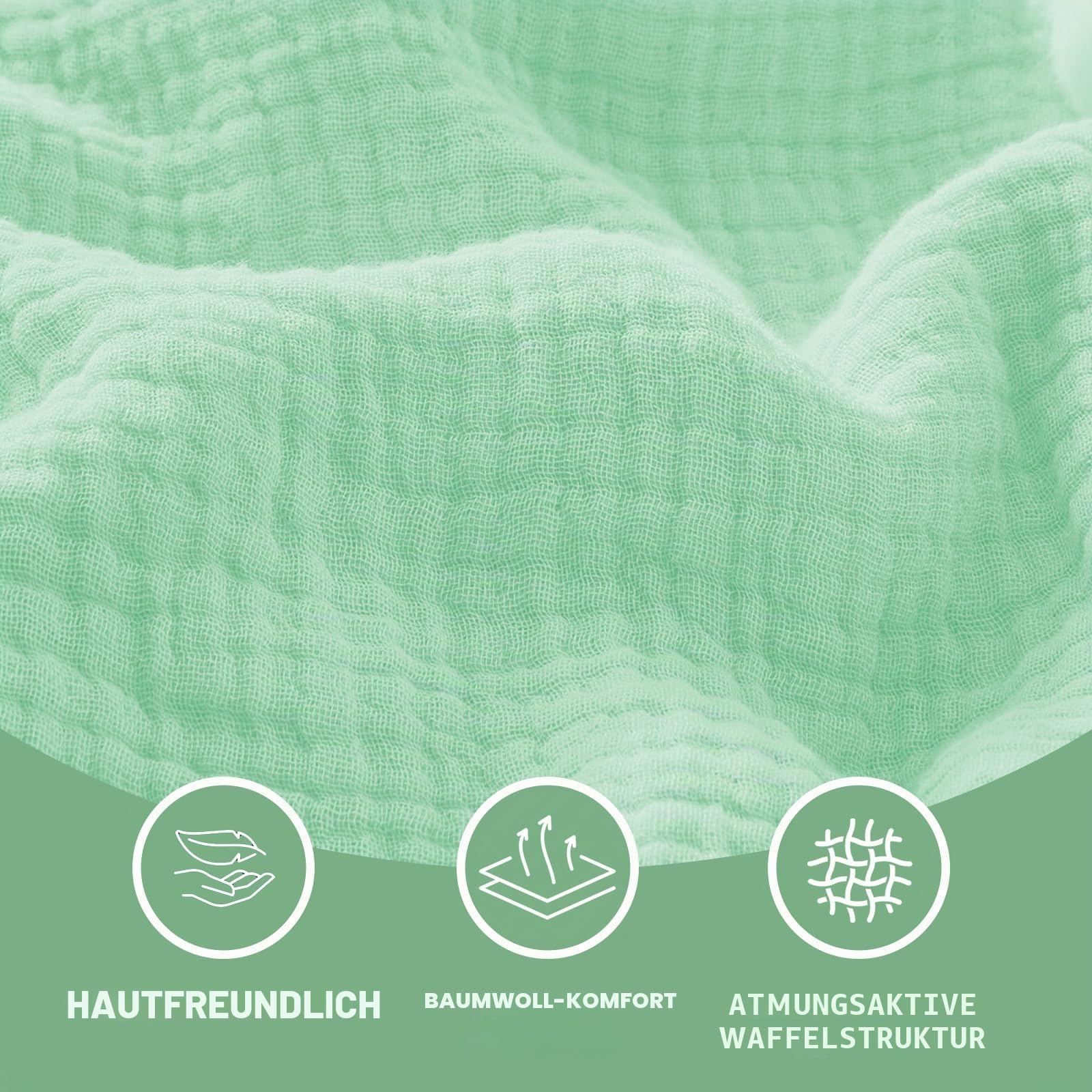 Musselin Decke 150x200 cm – 100% Baumwolle, 6-Lagige Weiche Sommerdecke, Atmungsaktive Dünne Kuscheldecke für Bett & Sofa, Tagesdecke Couch Überwurf (Hellgrün)