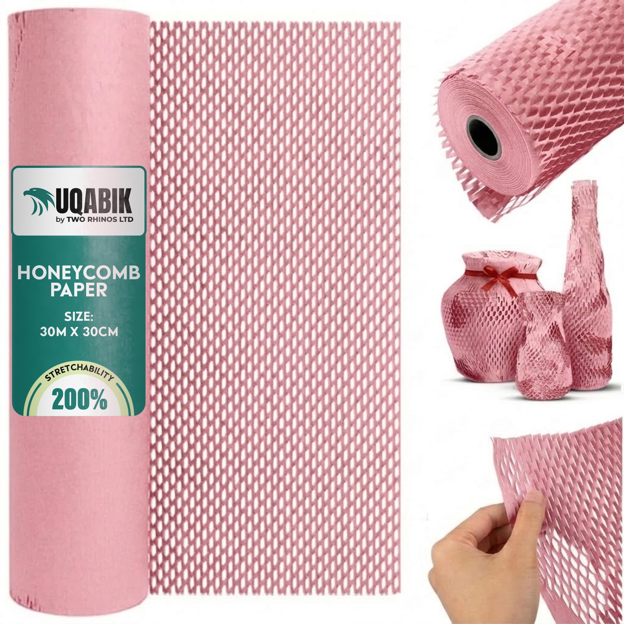 UQABIK® Honeycomb Packing Paper Roll - 30cm x 30m | 200% Stretchability - Eco-Friendly Kraft Wrapping Paper for Shipping Fragile Items & Moving | Plastic-Free Alternative to Bubble Wrap (Pink)