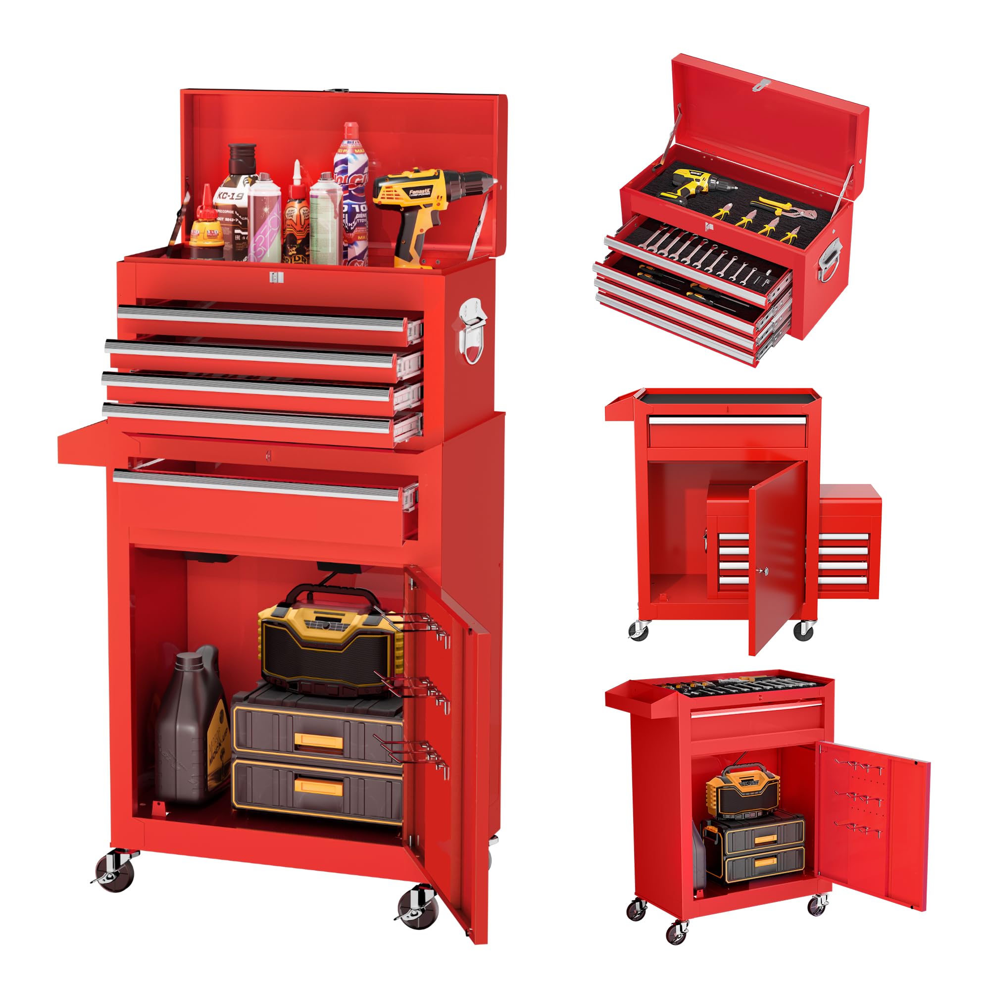 Greenvelly Metal Tool Chest,Rolling Tool Cart with 5-Drawer,Liners,2 in 1 Detachable Tool Box for Warehouse,Garage,Workshop,Barbershop(RED)