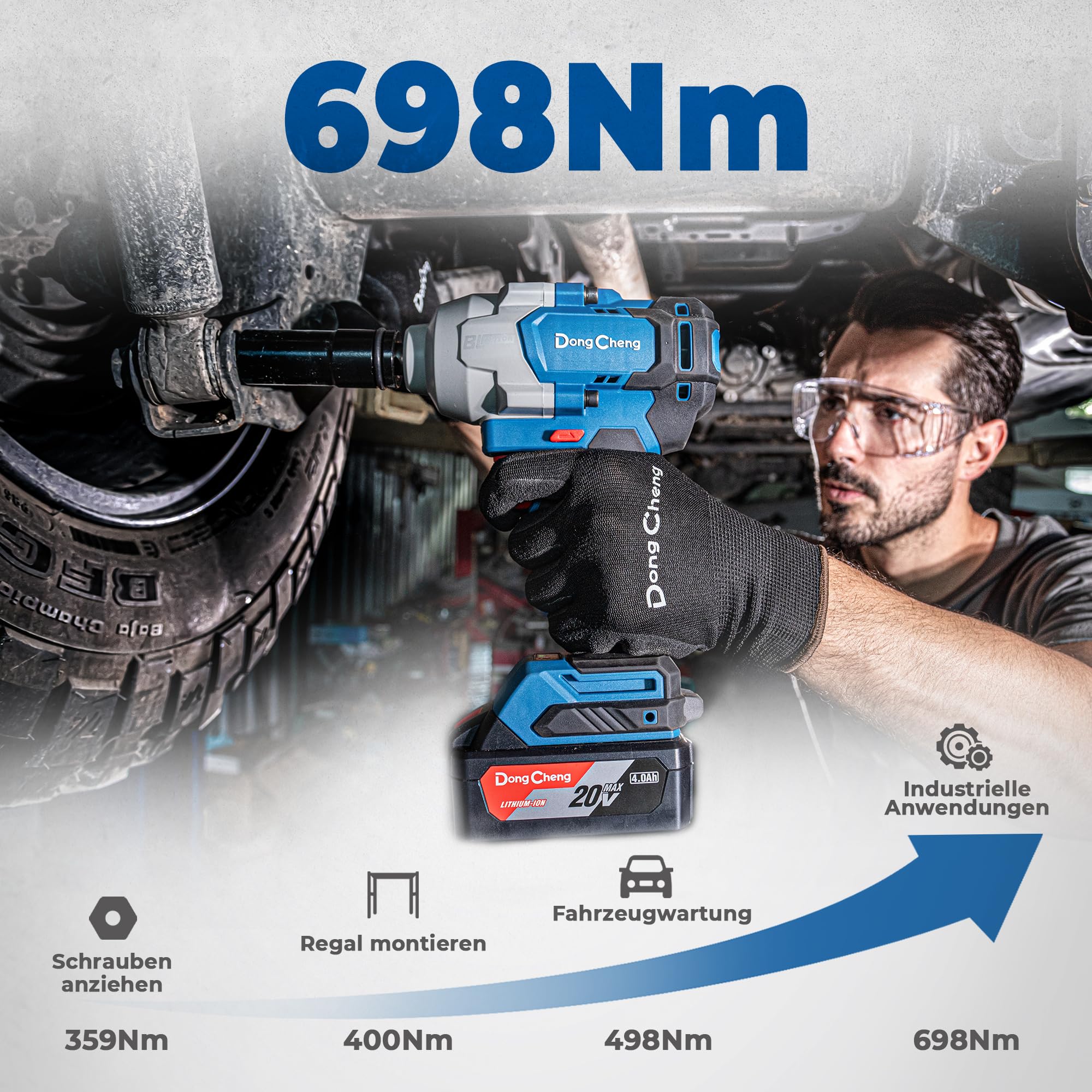 Dong Cheng 20V bürstenloser Schlagschrauber, 908Nm hohes Drehmoment, 2200U/min, 1/2 Zoll akku-Schlagschrauber mit Aufbewahrungsbox, 4-Modus, inklusive 2x4,0 Ah Akkus & Ladegerät