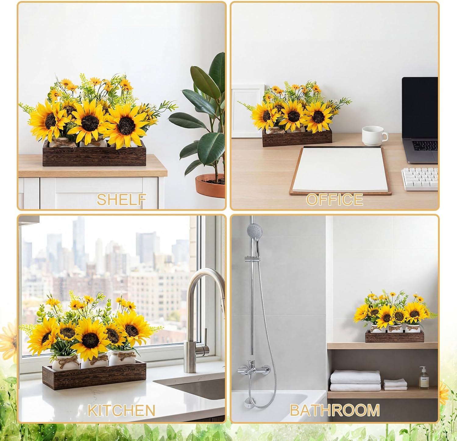 AceOrbit 3 Pcs Artificial Sunflower Potted Plants with Wood Tray Farmhouse Faux Sunflowers for Kitchen Table Centerpieces Fake Yellow Flowers in Rustic Pots for Dining Home Bathroom Wedding
