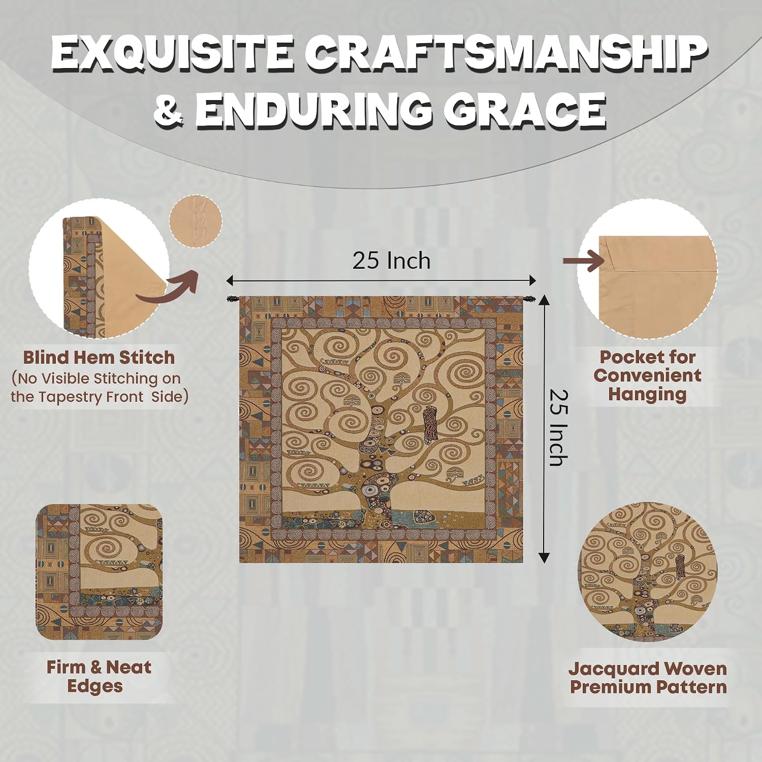 Charlotte Home Furnishings Inc. Tree Of Life By Gustav Klimt Italian Tapestry Wall Hanging 25 X 25 Inch Viscose Cotton And Polyester Blend Wall Art Perfect For Wall Decor By Gustav Klimt
