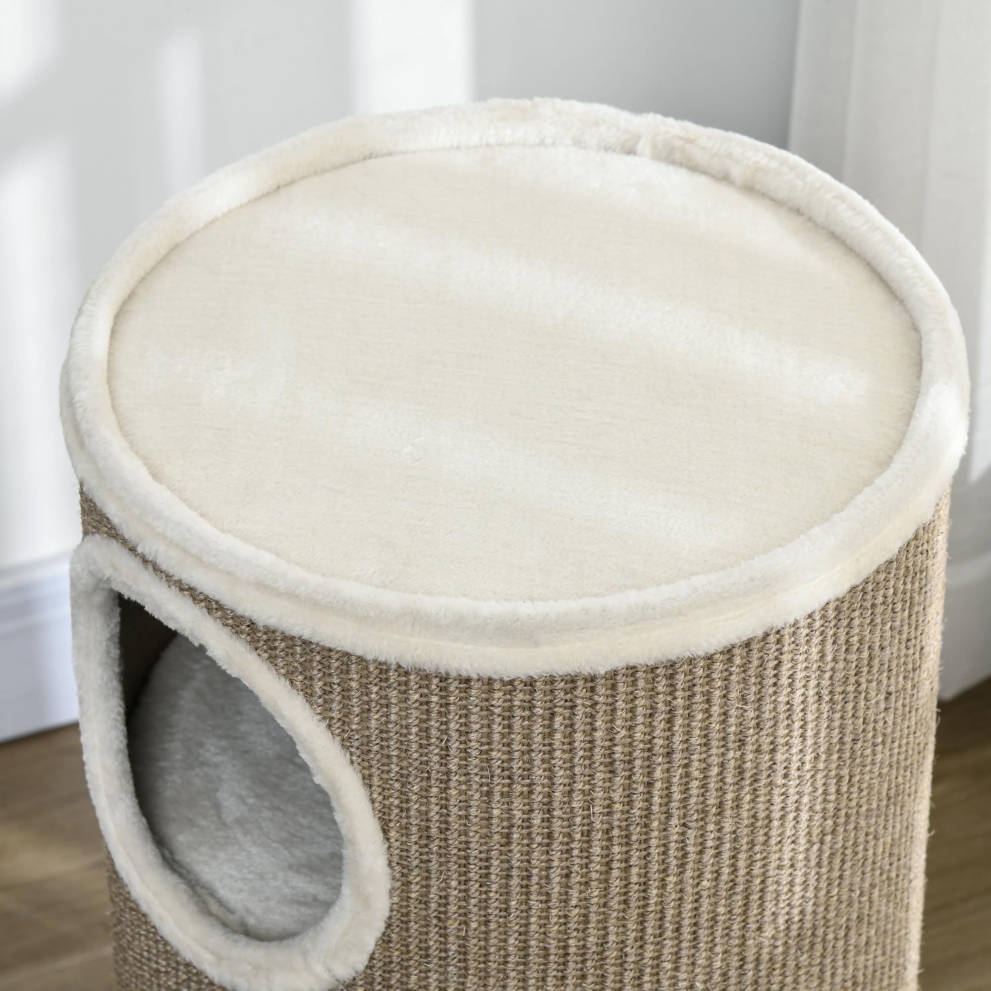 PawHut Tonneau à griffer, hauteur 70 cm, tonneau de jeu pour chats, 3 niveaux, arbre à chat avec 3 cavités, arbre à chat, tour à griffer en sisal, meuble pour chats, peluche, marron