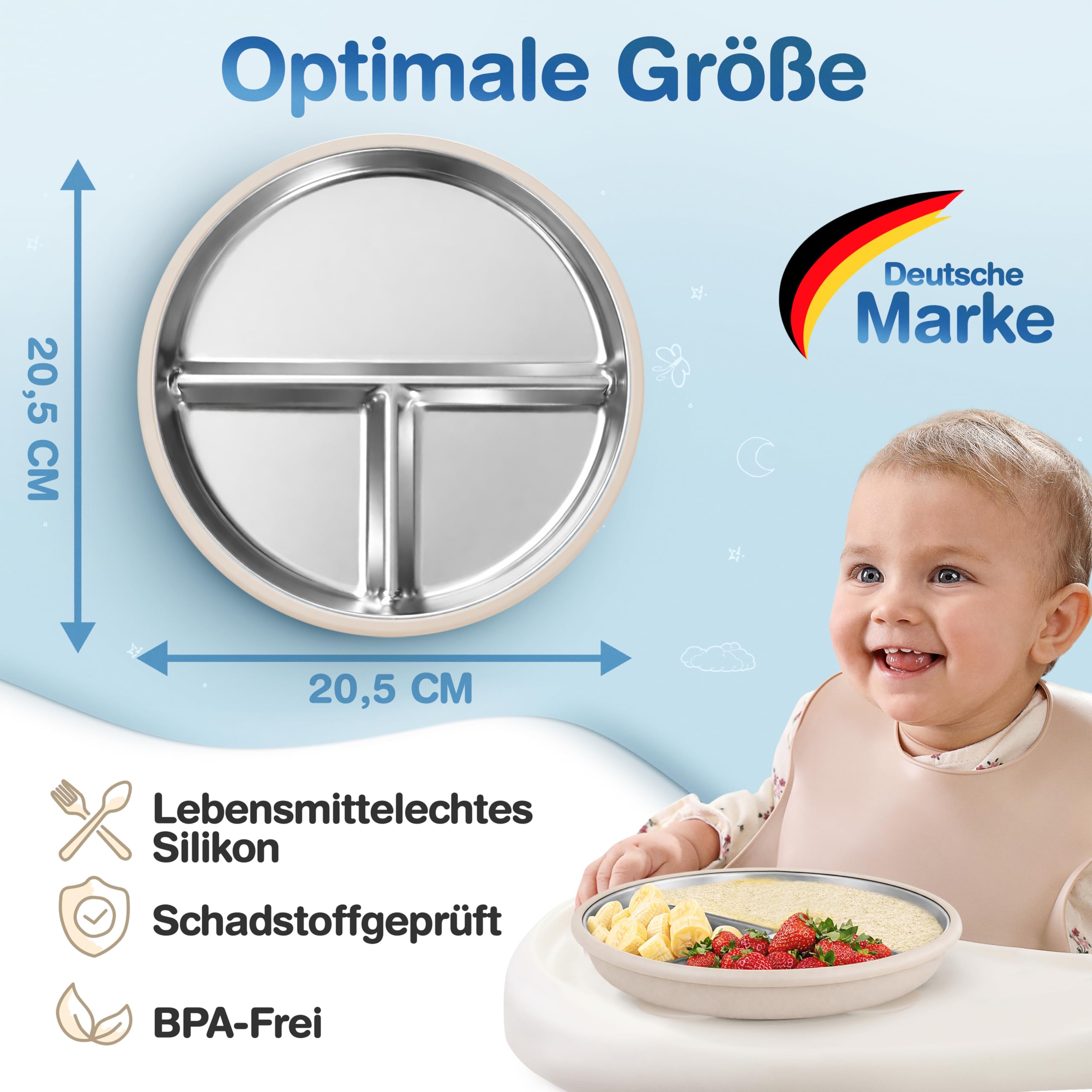 Mutkind® 3x Baby Teller mit Saugnapf - (Extra Starker Halt) Edelstahl Kinderteller - Spülmaschinengeeignet - Rutschfester Babyteller mit Saugnapf - Beikost Baby Zubehör - Hochwertiges Kindergeschirr