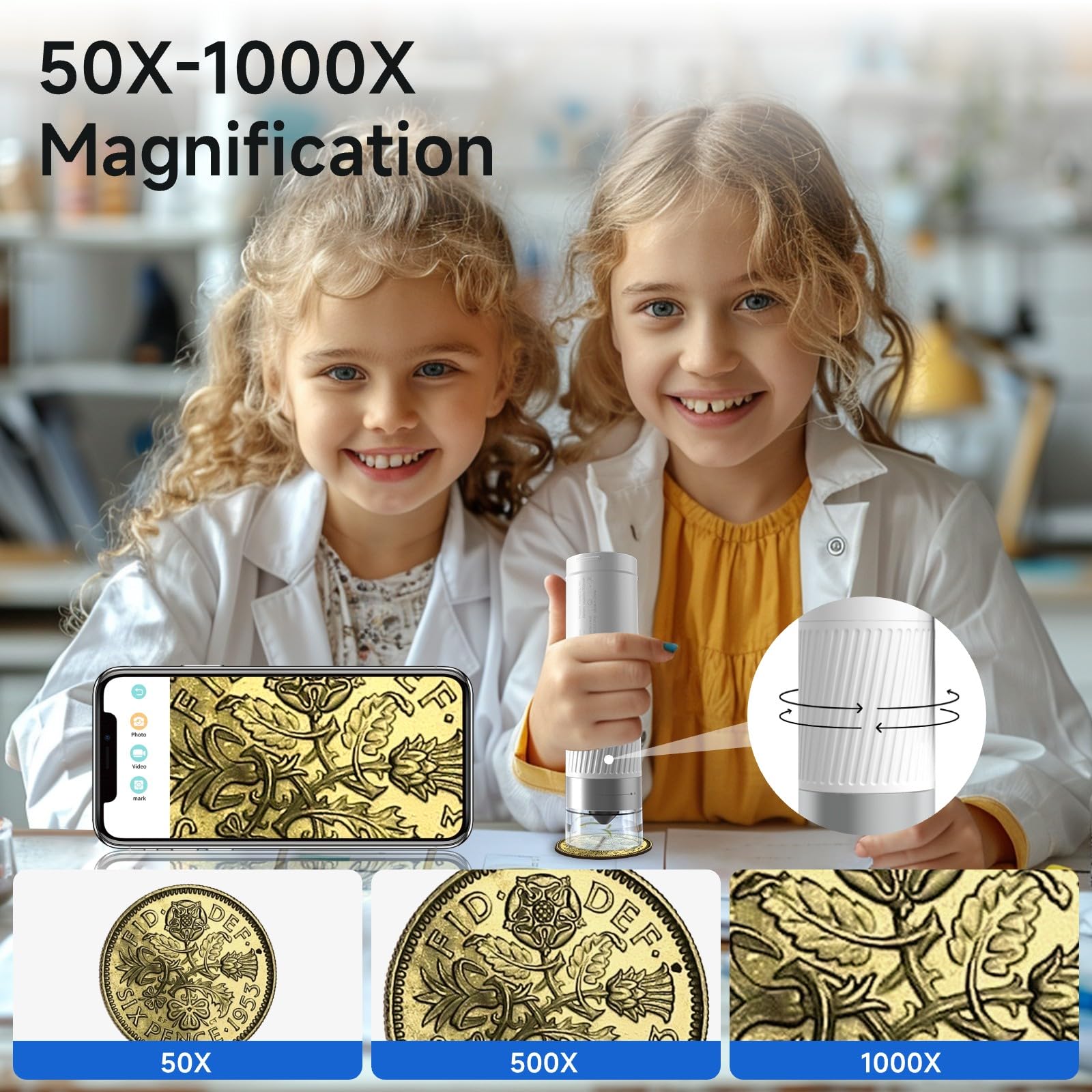 BEAVERLAB Microscopio 1000X HD Video/Foto Monedas Microscopio Portátil de Mano Digital WiFi USB Microscopio para Niños, Mini Cámara 8 Luces LED Ajustables Compatible con iPhone, Android, iPad