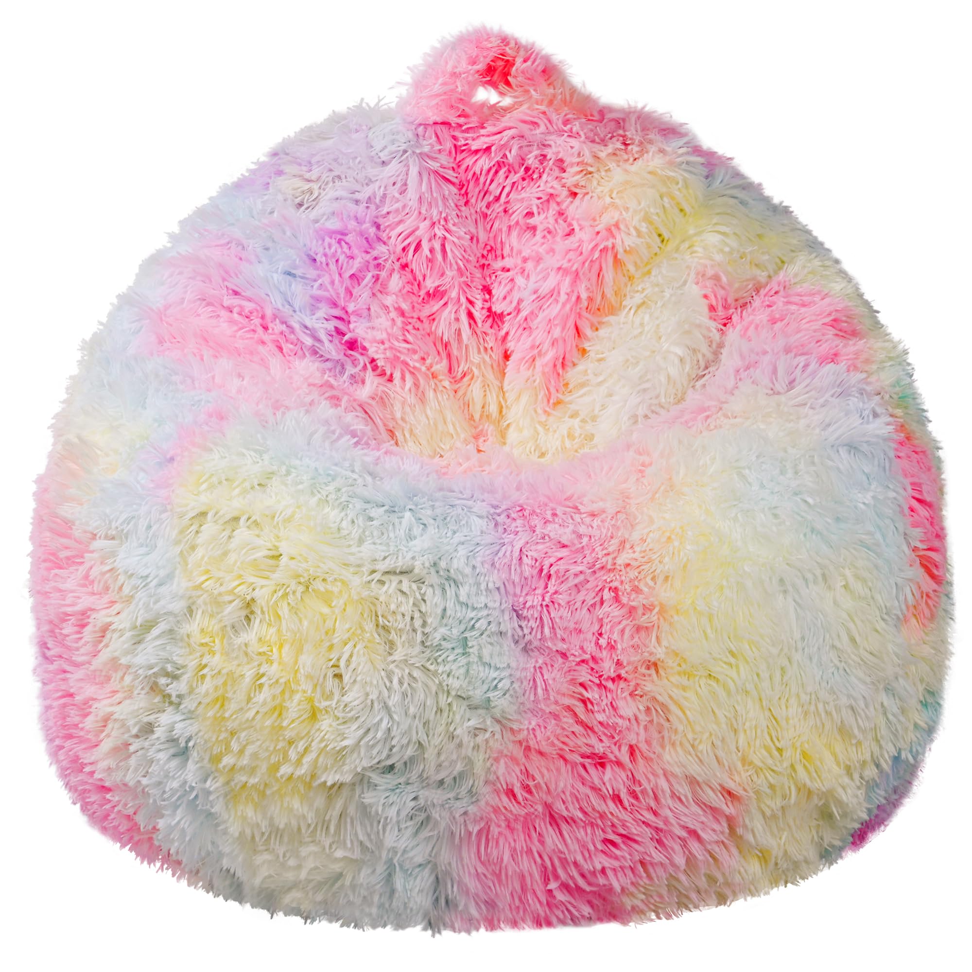 LAHAQIQI Rainbow Shaggy Faux Fur Bean Bag Chair Cover (No Filling) – Stuffed Animal Storage for Kids – Fluffy Tie-Dye Soft Toy Organiser – Washable Bedroom Floor Cushion (70x80cm)