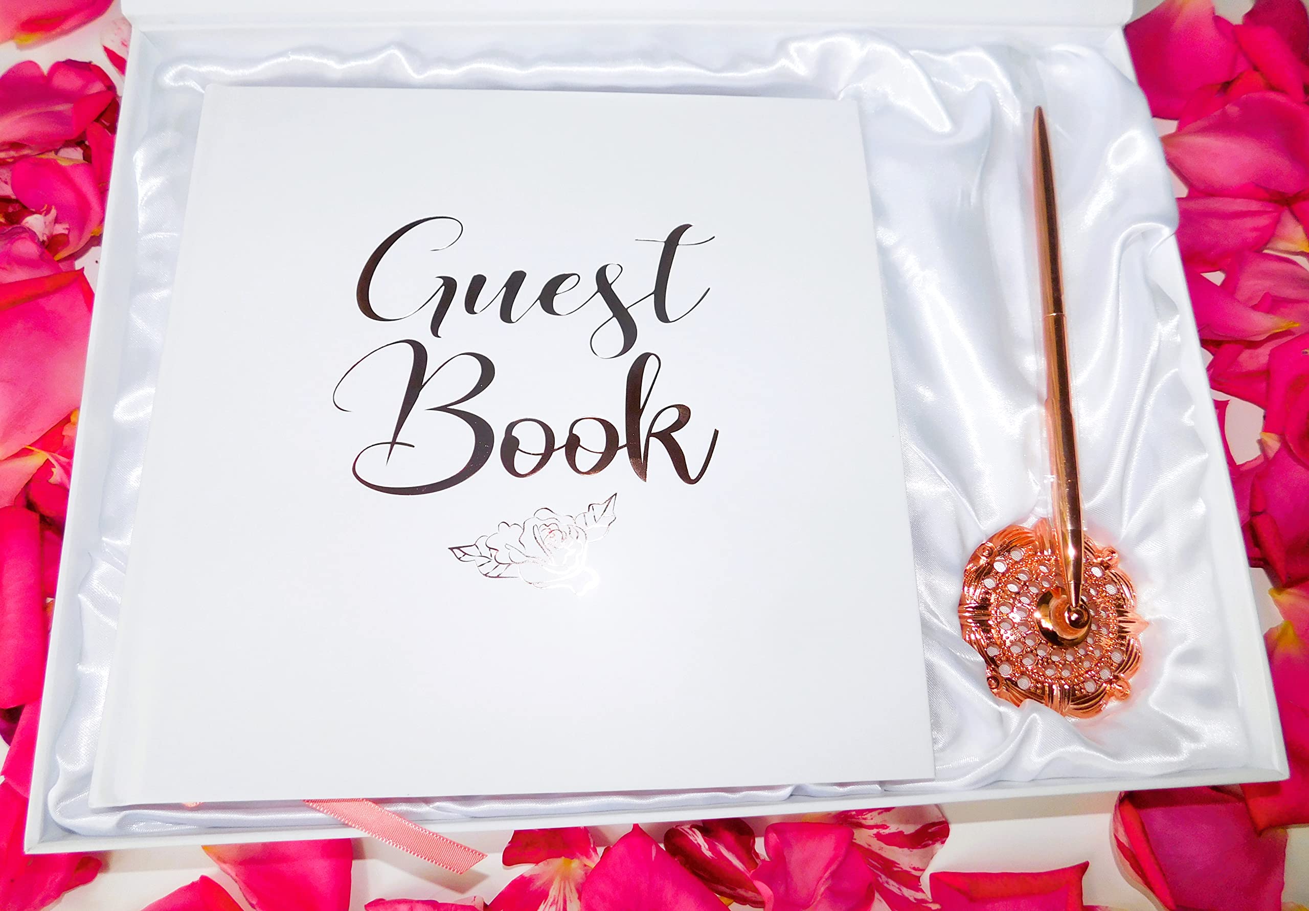YEM Wedding Guestbook with Pen. Wedding Guest Book with Rose Gold Gilded Edges comes with Rose Gold Metal Pen and Pen Stand. Hard Cover with 32 Thick White Lined Pages.