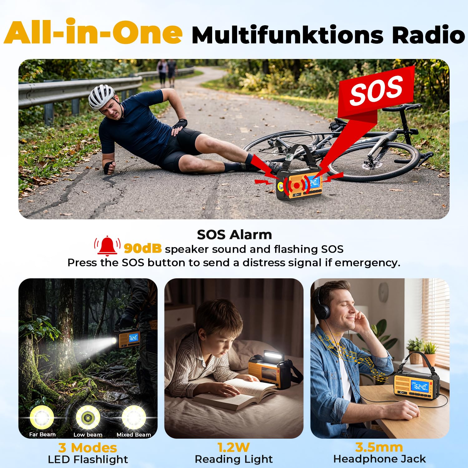 Esky Radio składane 10 000 mAh, przenośne radio awaryjne AM/FM, latarka, alarm SOS i kompas, ładowanie korby USB / solarne / ręczne ładowanie na kemping, na zewnątrz, przerwy w dostawie prądu, prezent
